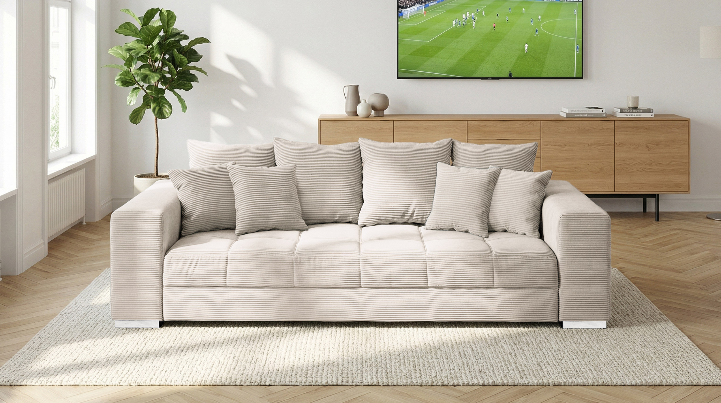 Big Sofa Cord beige - 254 cm - Nosagunterfederung - BORNEO
