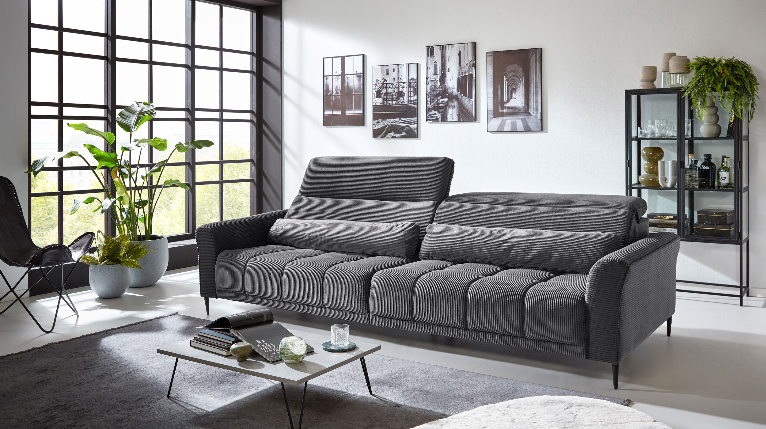 Big Sofa Cord grau 280 cm - Nosagunterfederung - LOGAN 