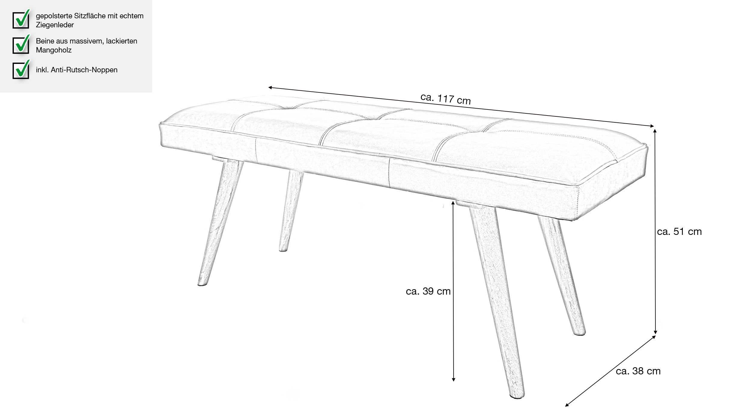 Sitzbank 117 cm echtes Leder braun Mango massiv - ARIKA 