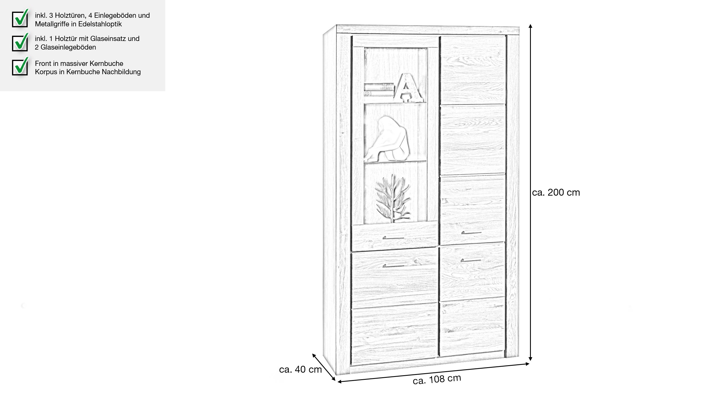 Vitrine mit Glastür Kernbuche teilmassiv geölt Breite 108 cm - FREYJA