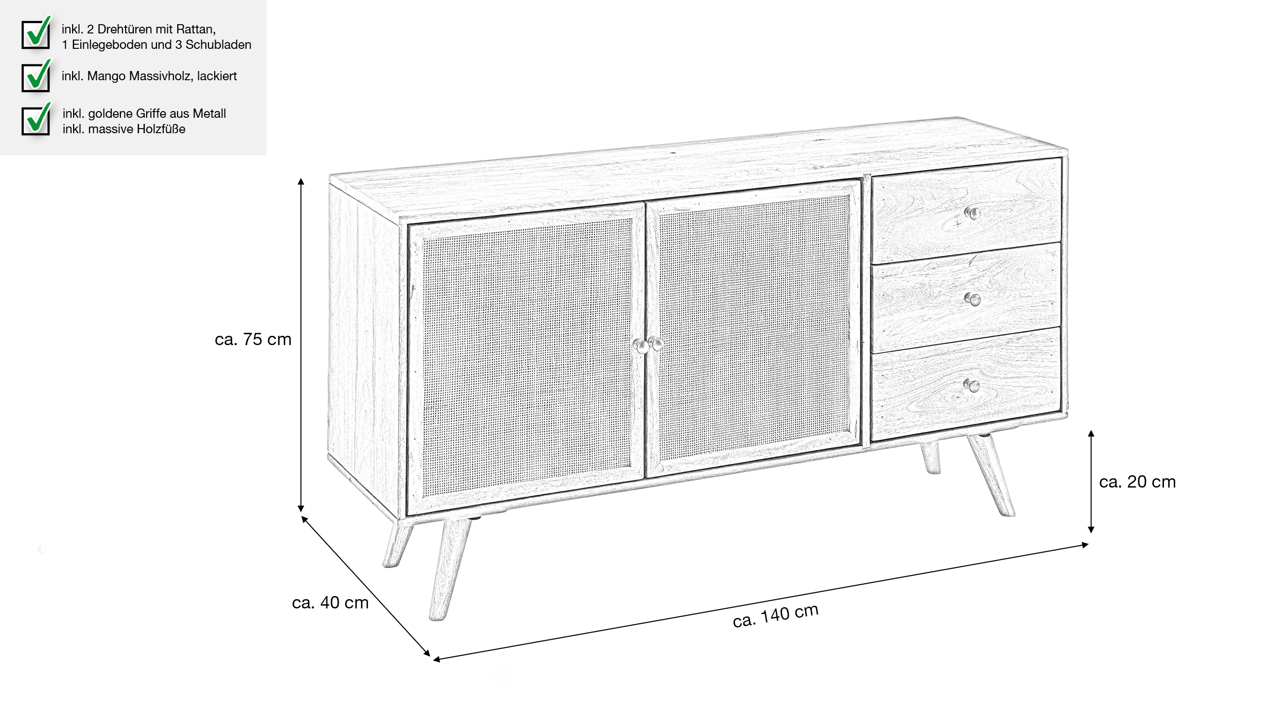 Sideboard mit 3 Schubladen Mango massiv - Rattan 140 cm - RIKARD