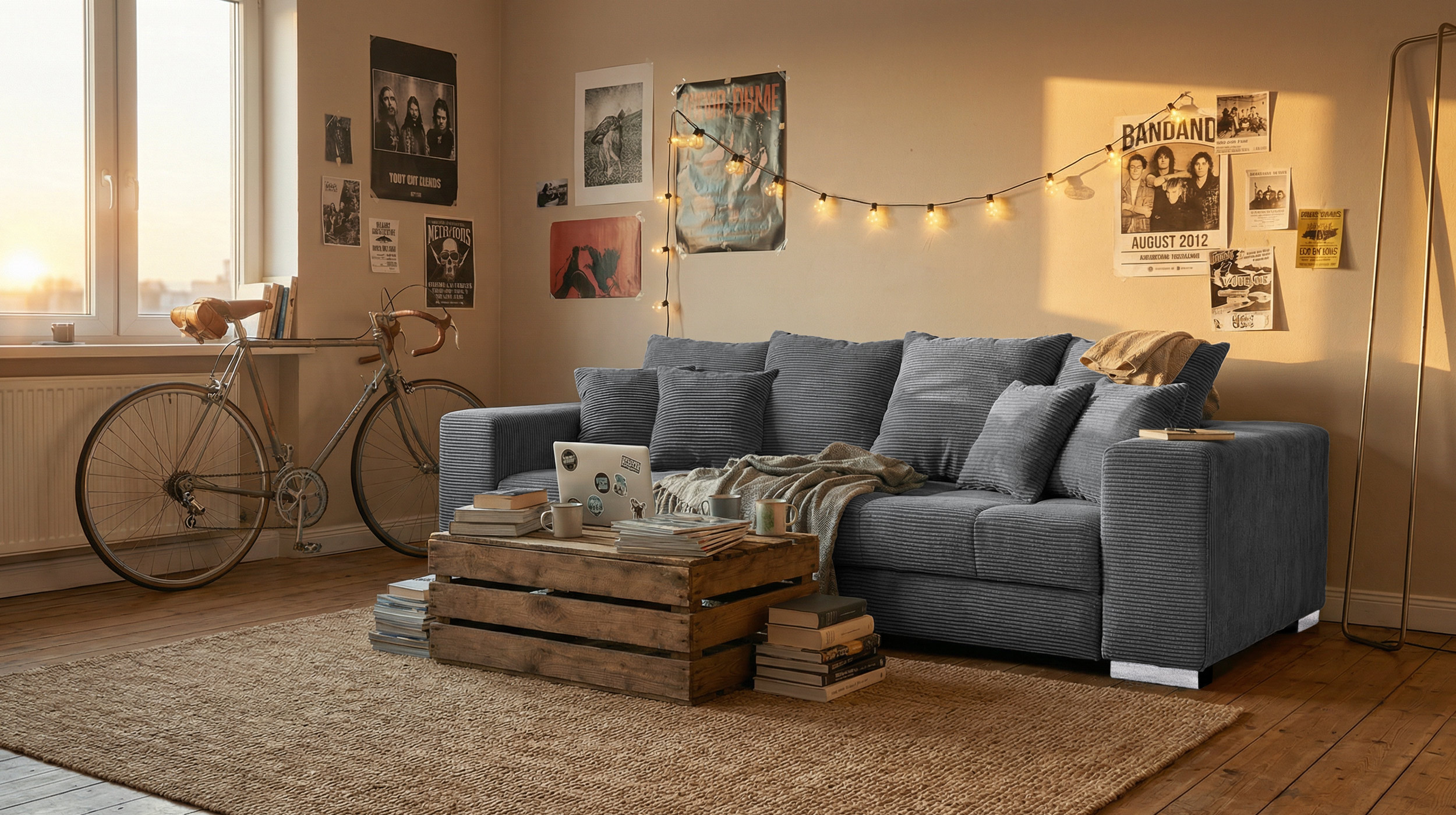 Big Sofa Cord grau - Nosagunterfederung - 254 cm - BORNEO
