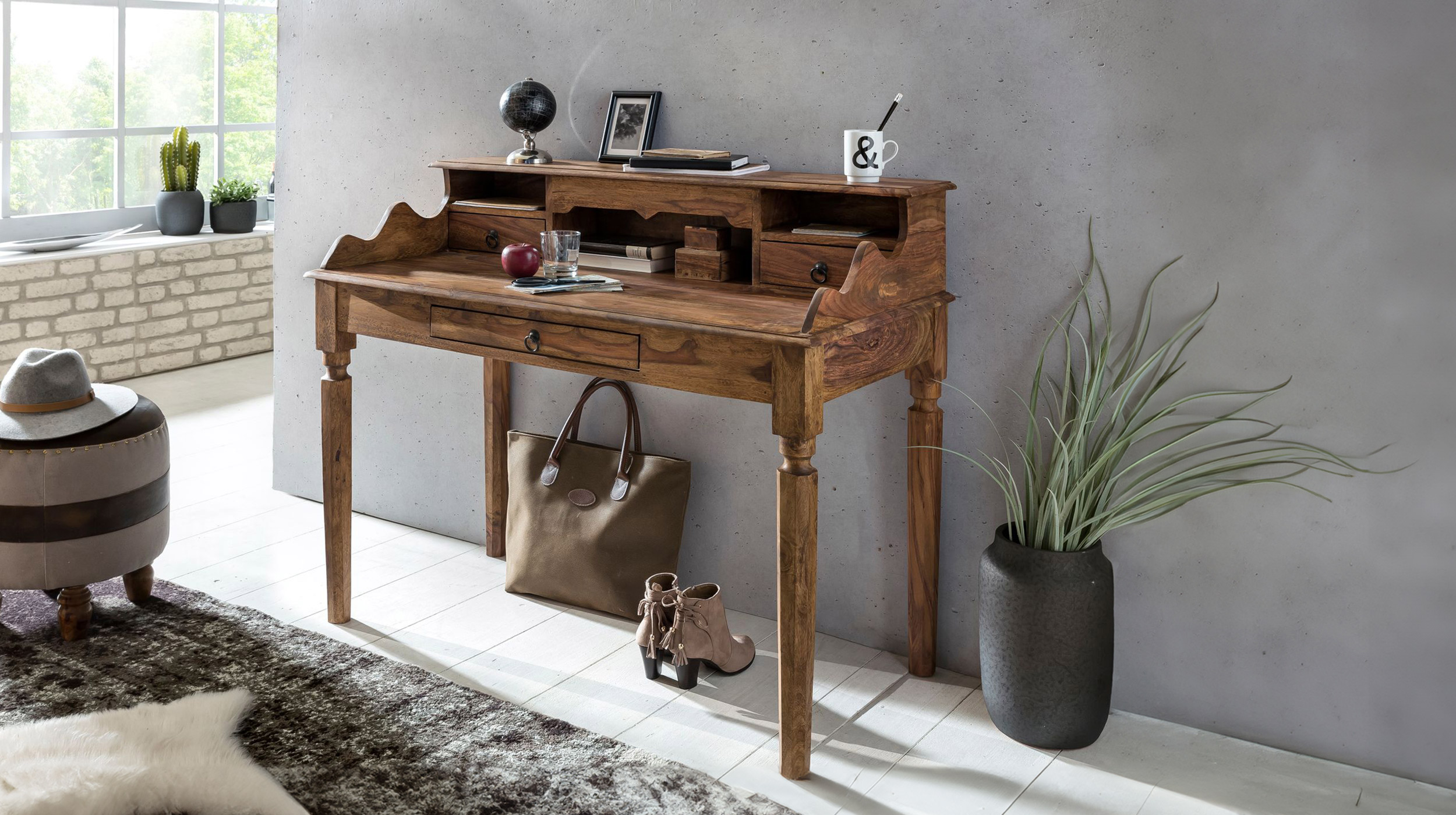 Schreibtisch Sheesham massiv gebeizt 115 x 60 cm - RAGNAR