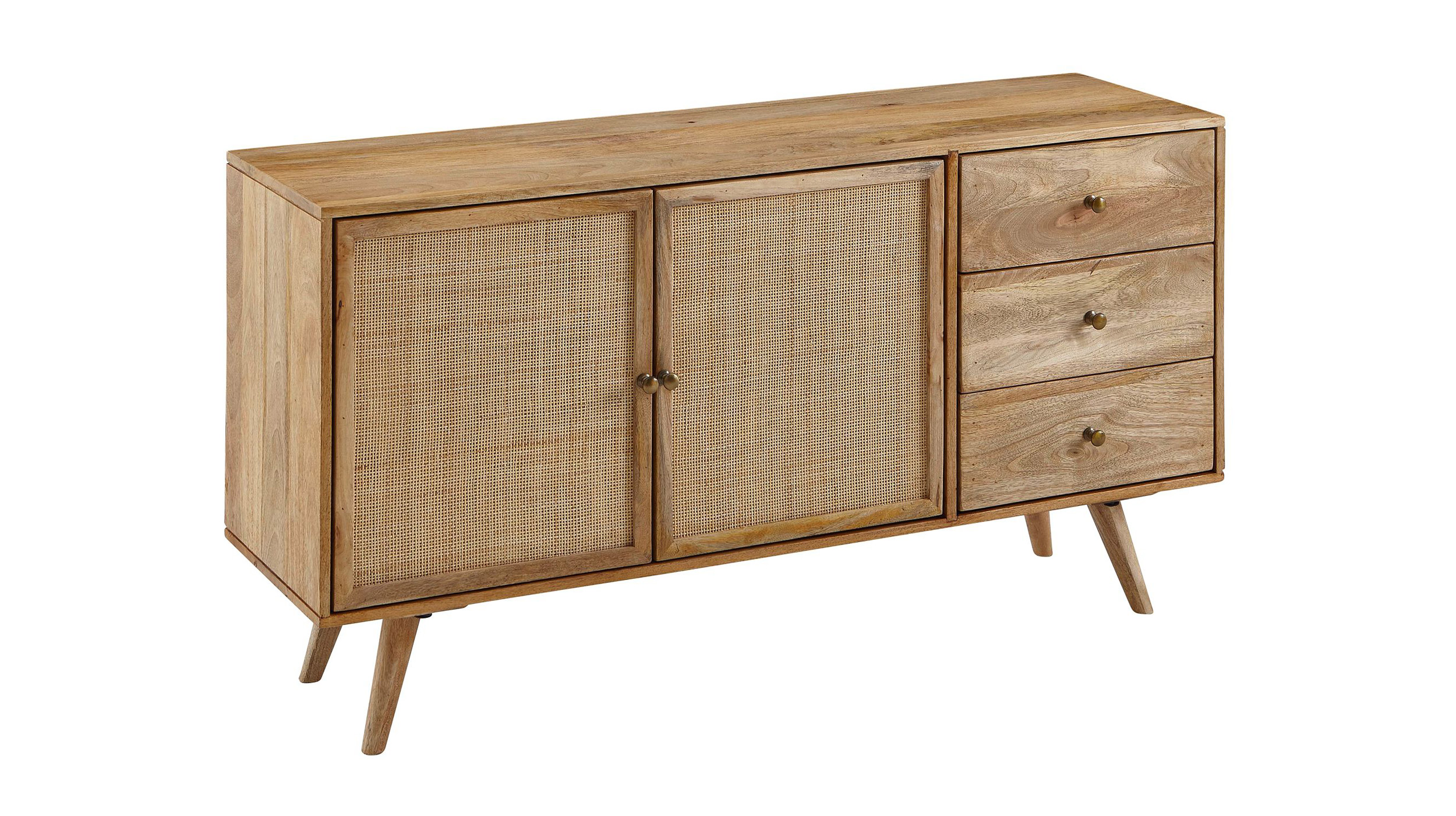 Sideboard mit 3 Schubladen Mango massiv - Rattan 140 cm - RIKARD