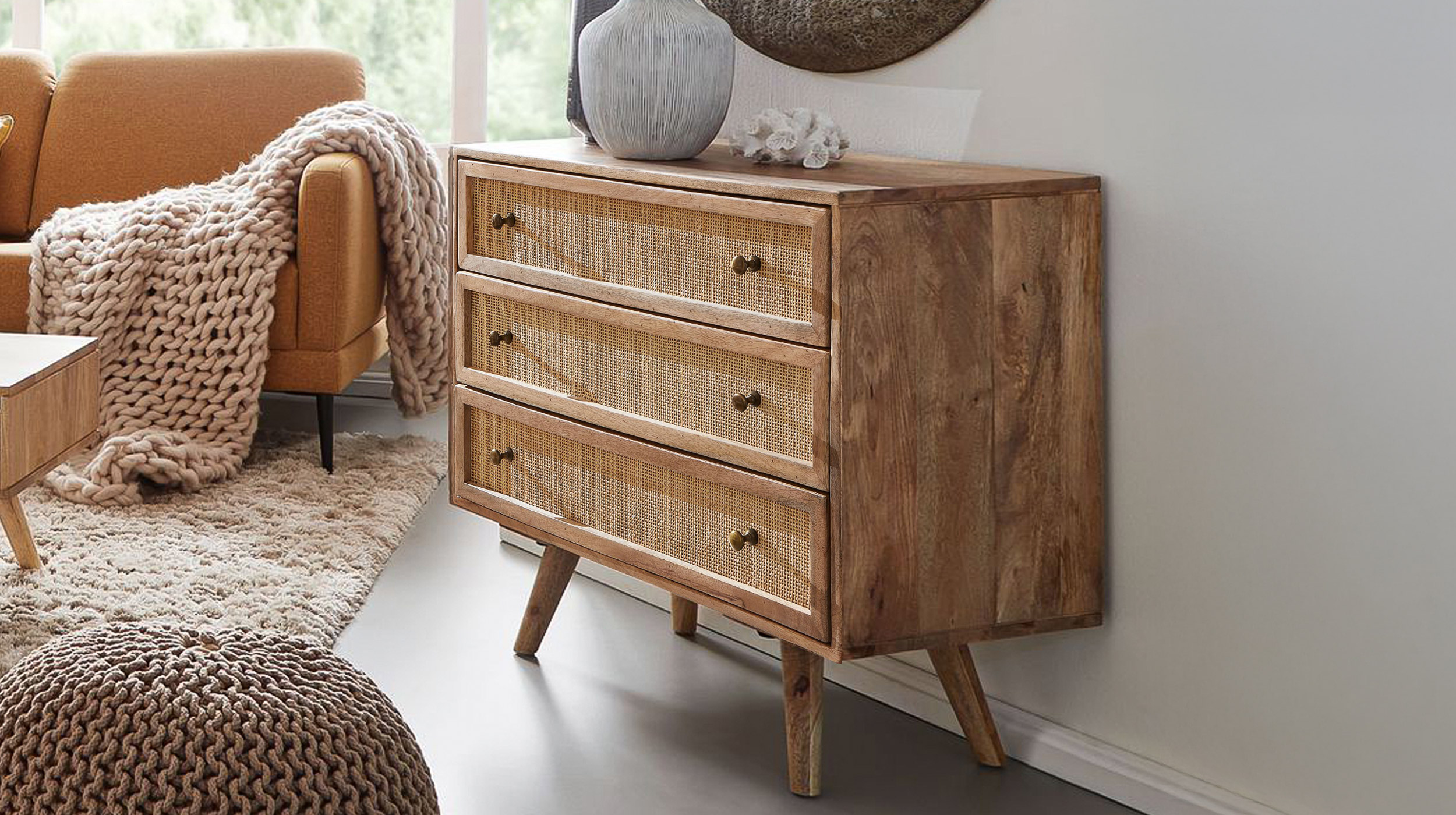 Kommode mit 3 Schubladen Mango massiv - Rattan 80 x 40 cm - RIKARD