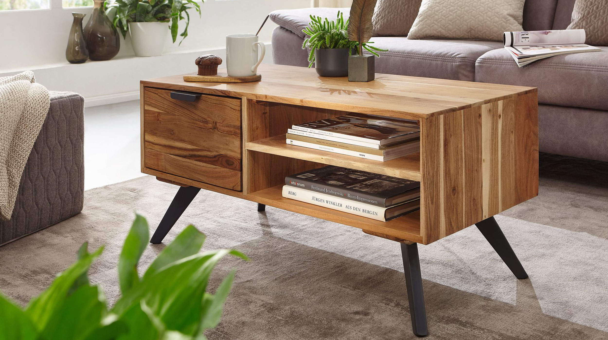 Couchtisch mit Schublade Akazie massiv lackiert 95 x 45 cm - CAYA 