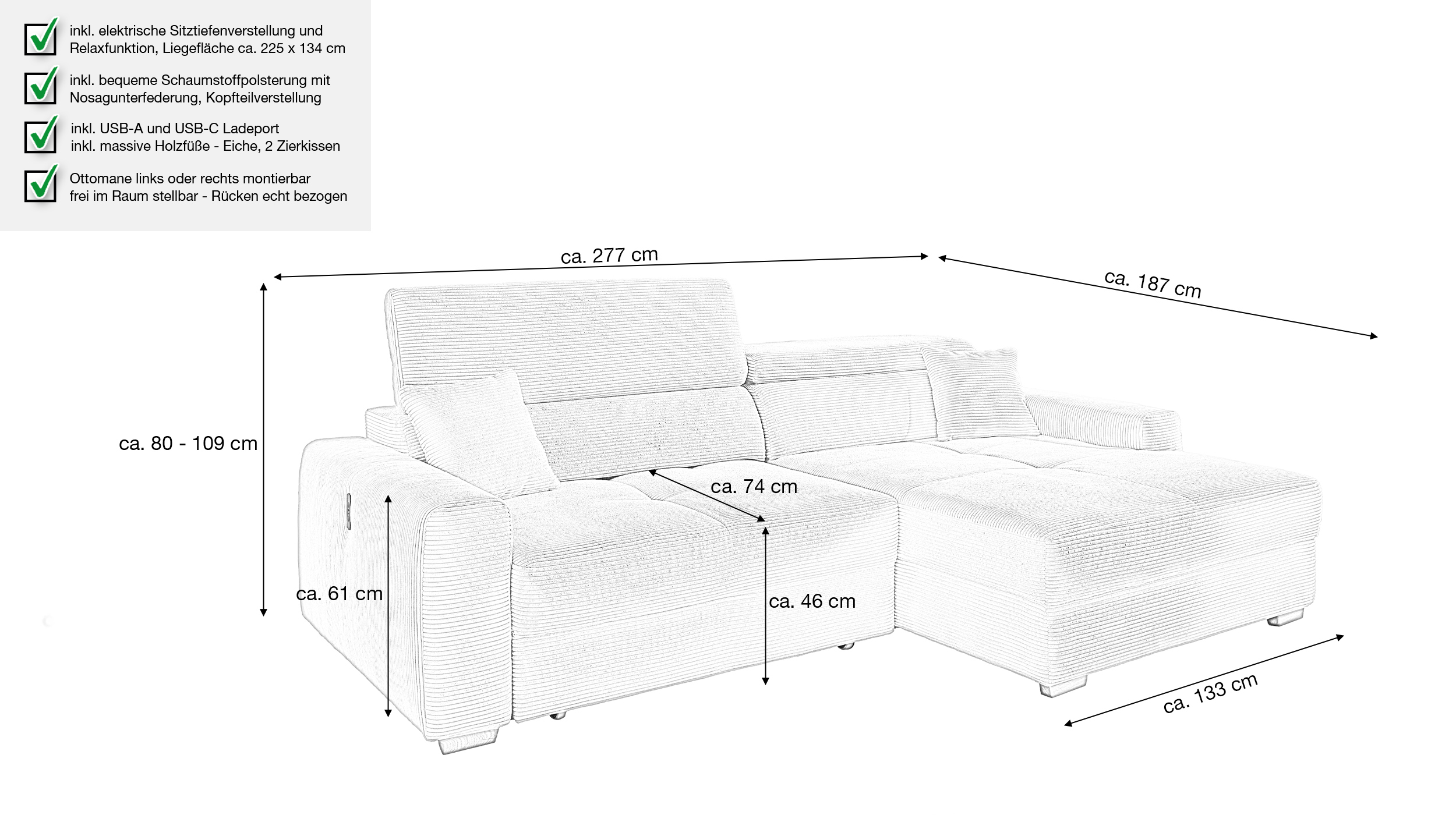 Ecksofa Cord grau 277 x 187 cm mit Relaxfunktion - SLIDER
