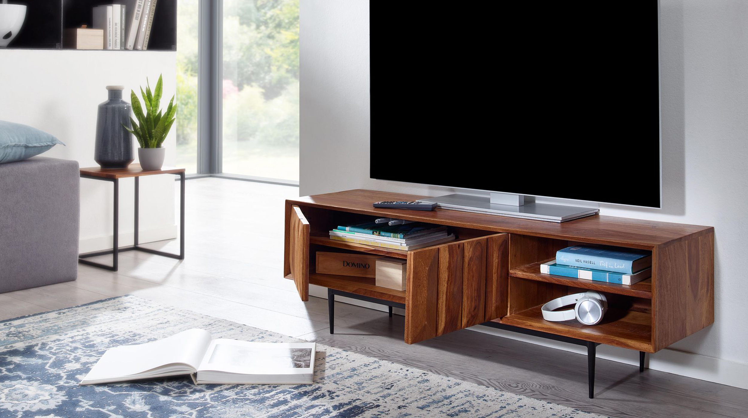 TV-Lowboard Sheesham massiv gebeizt 123 cm - STREVA 