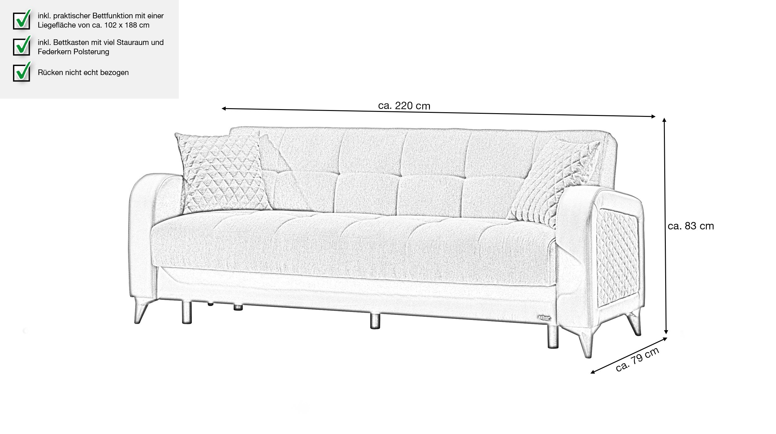 Einzelsofa anthrazit Schlaffunktion ausziehbar 3-Sitzer 220 cm - RIZA