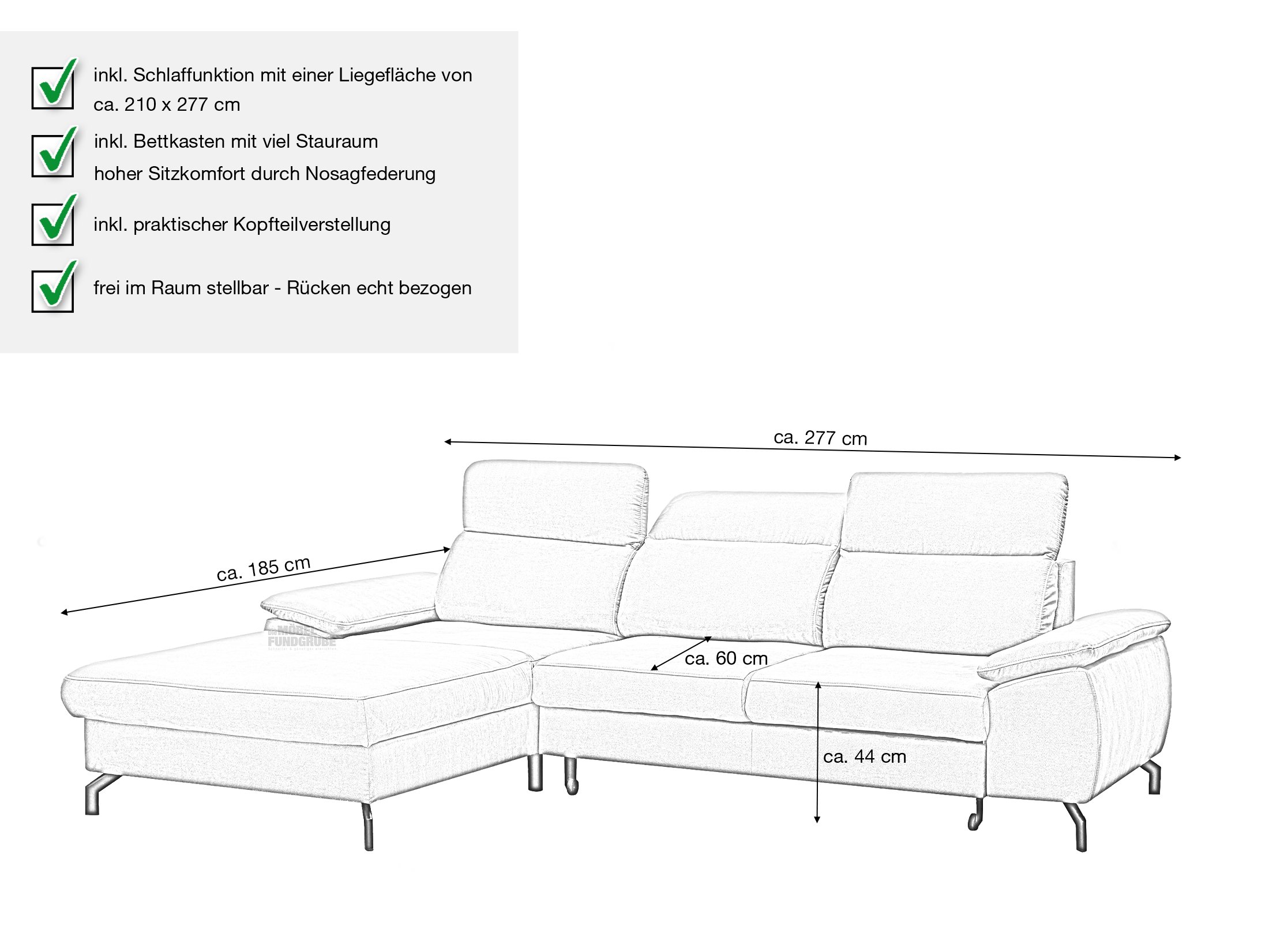 Ecksofa grau 277 x 185 cm mit Schlaffunktion - PALOMA