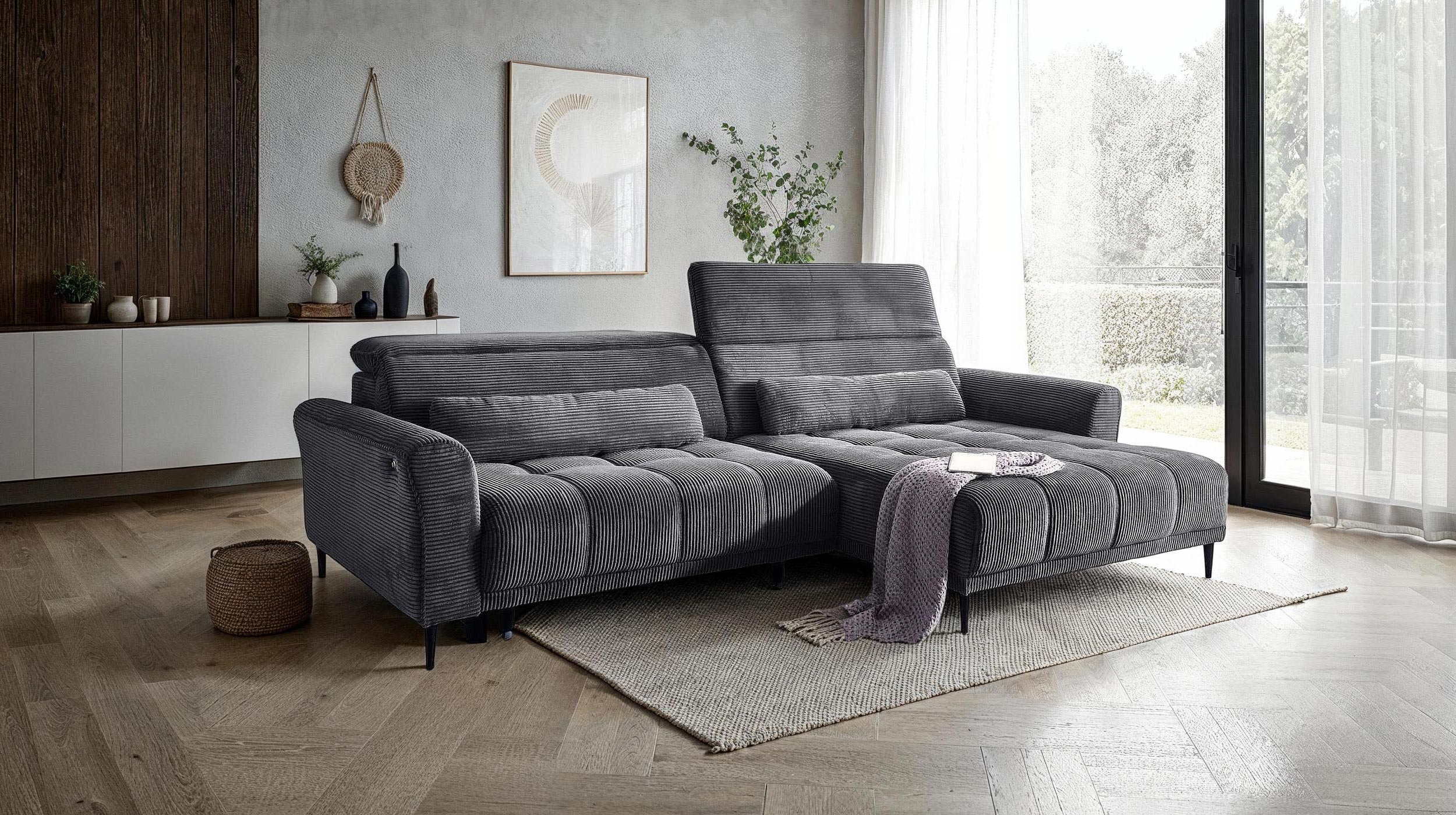 Ecksofa Cord grau ausziehbar - Sitztiefenverstellung - 277 cm - OT rechts - LOGAN