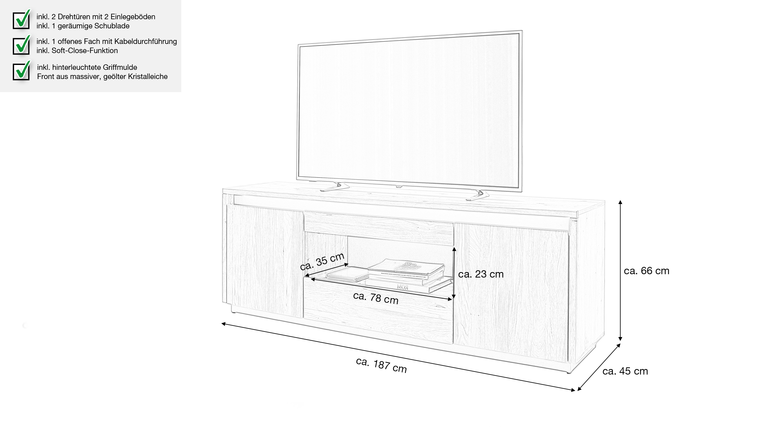 TV - Lowboard Kristalleiche massiv geölt 187 cm - TV-Board - LARVIK