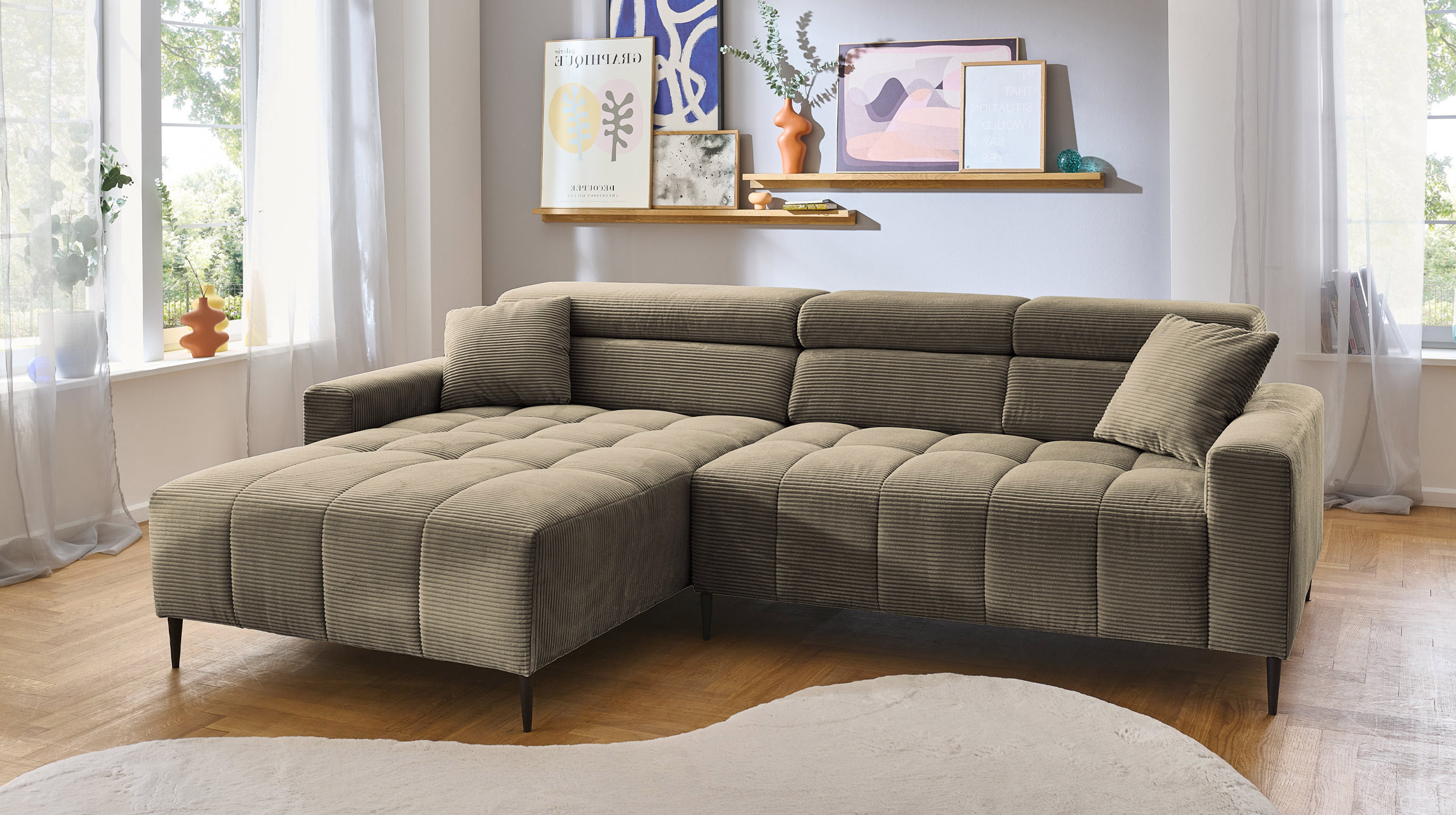 Ecksofa Cord grün ausziehbar - Sitztiefenverstellung 256 cm - OT links - SIMPLE