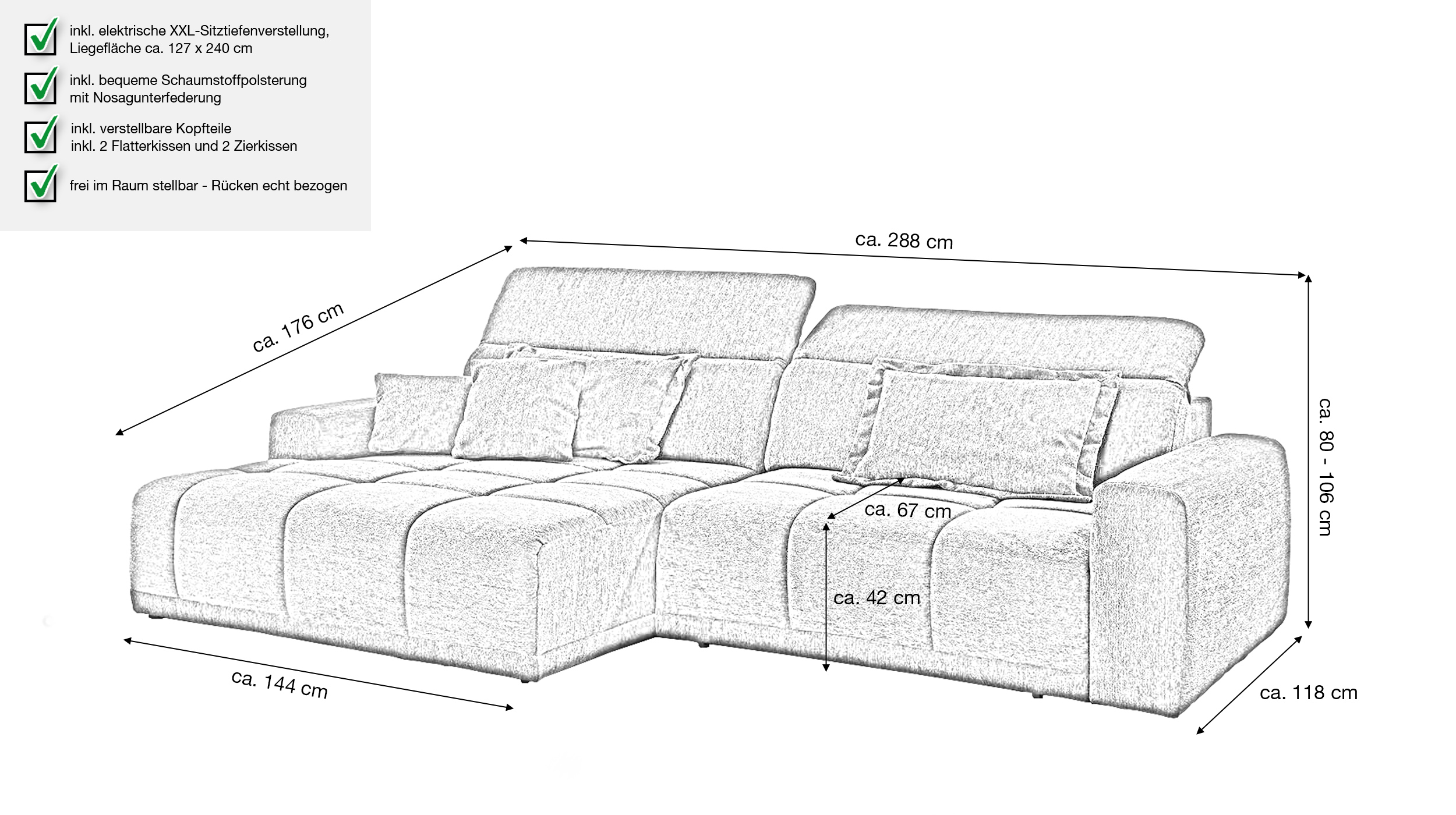 Ecksofa grün elektrisch ausfahrbar 288 cm - OT links - BROOK