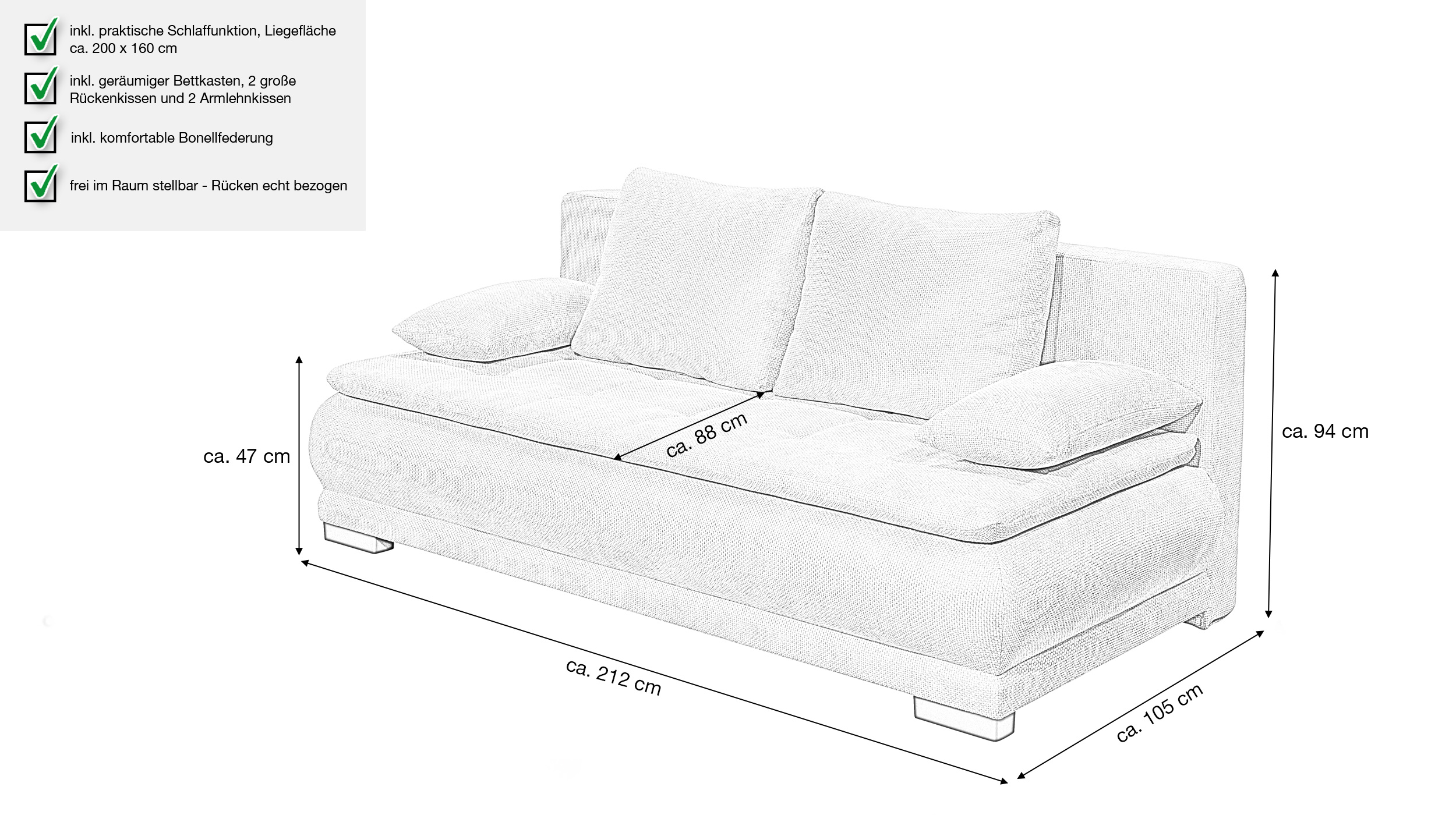 Schlafsofa grau mit Bettkasten Federkern 212 cm - LIAM