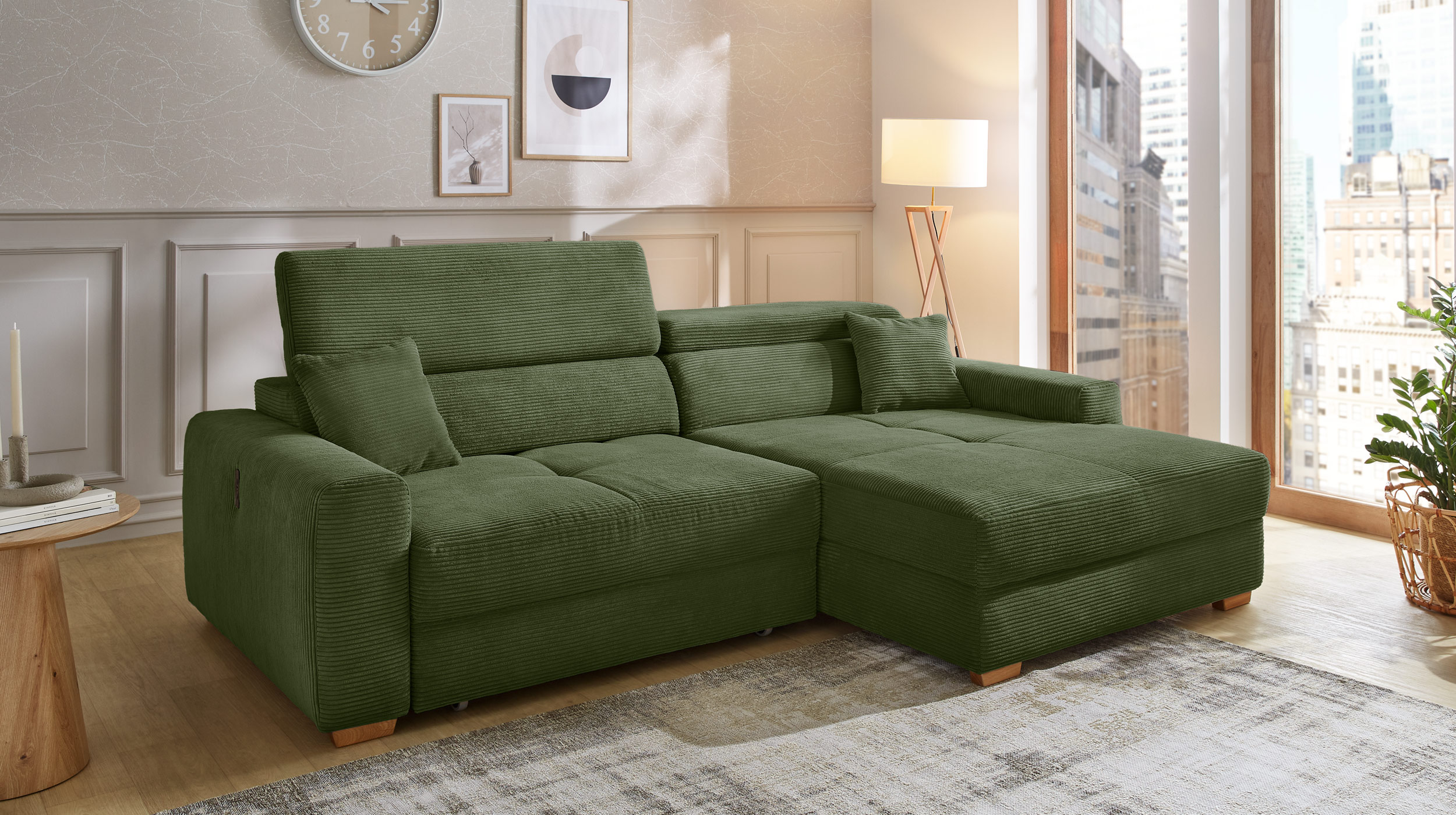 Ecksofa Cord grün 277 x 187 cm mit Relaxfunktion - SLIDER
