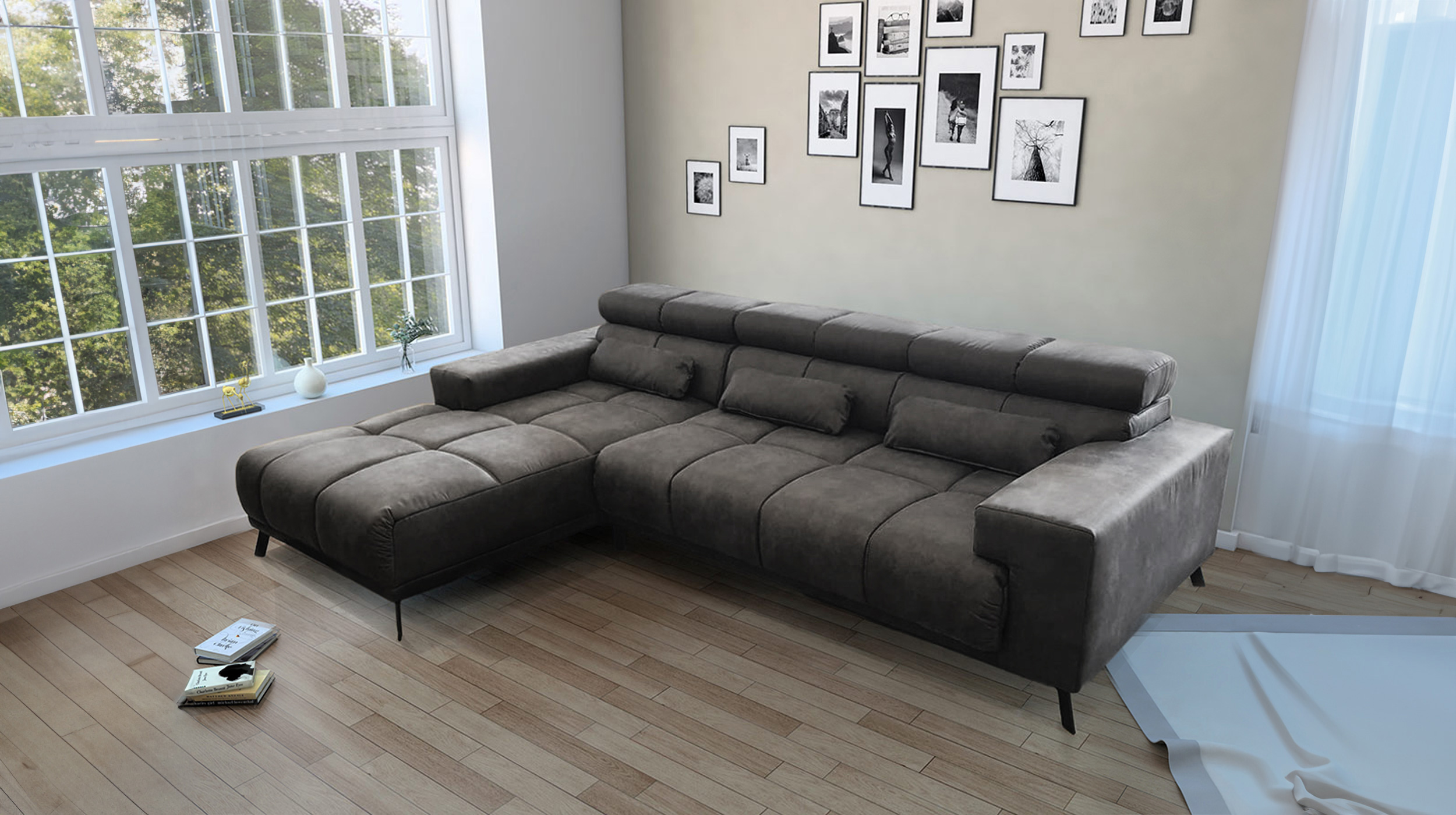 Ecksofa grau-braun 285 x 200 cm - Sitztiefenverstellung - SPEED