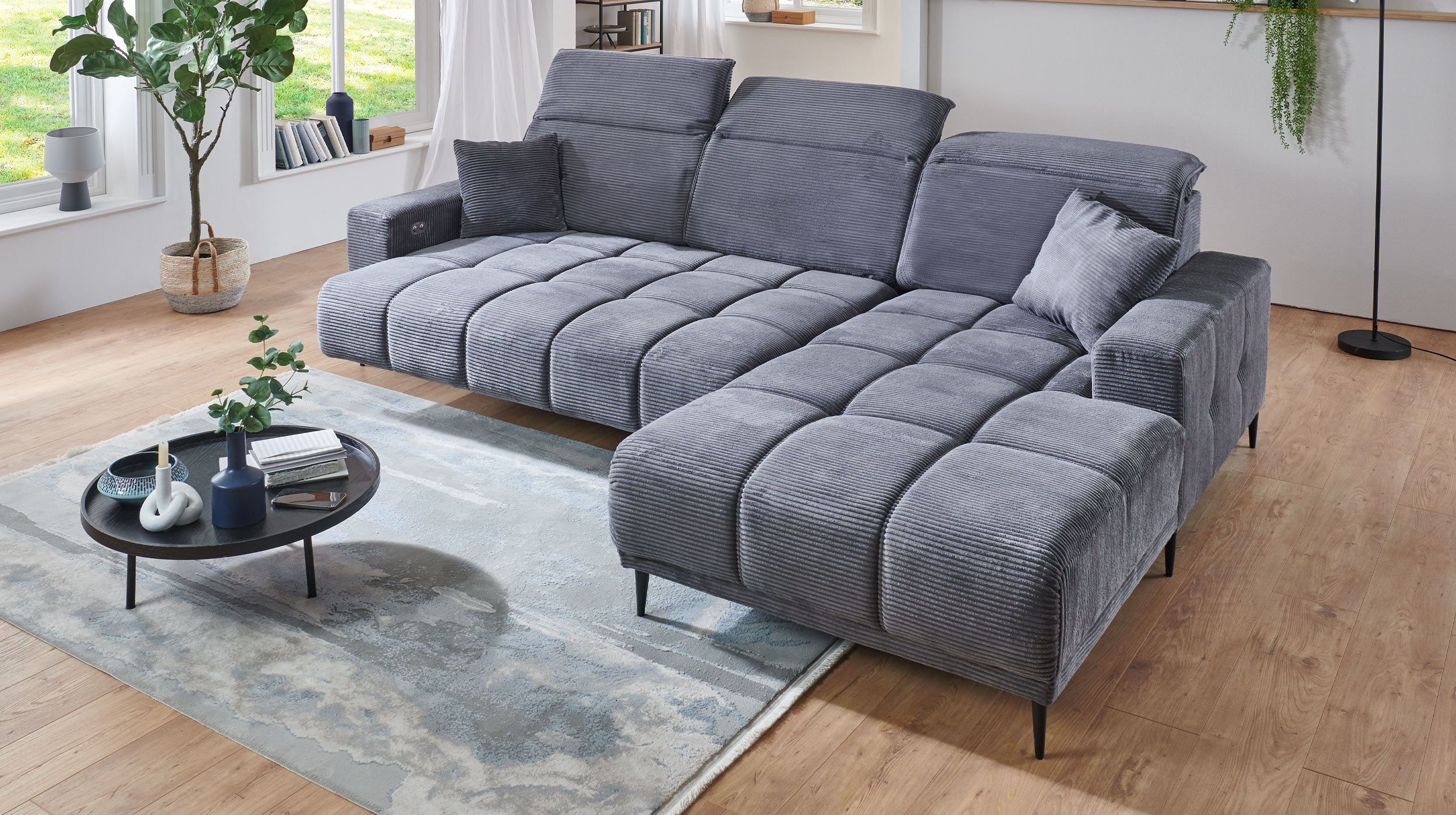 Ecksofa Cord grau ausziehbar - Sitztiefenverstellung 286 cm - OT rechts - MARISOL