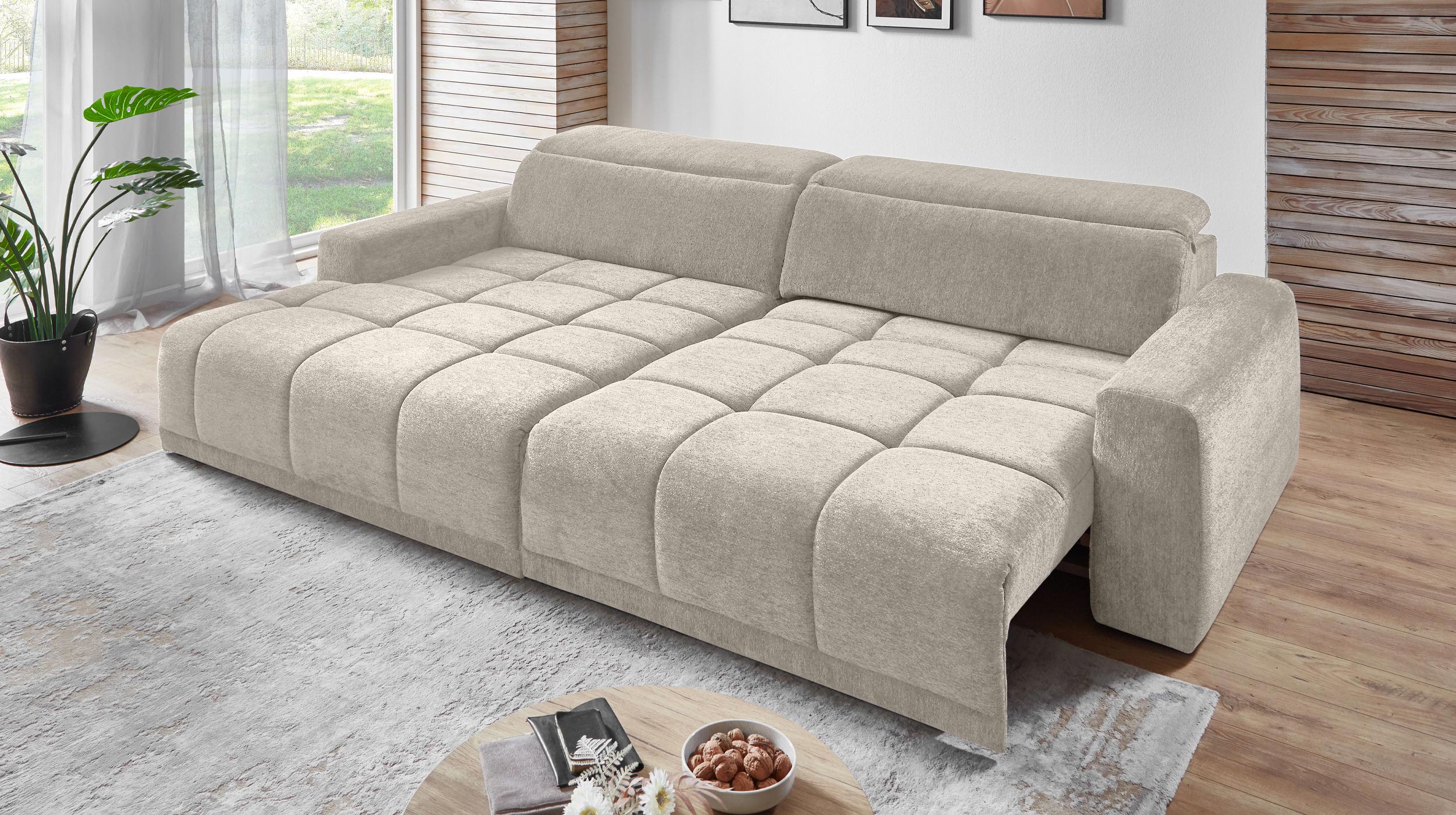 Ecksofa beige elektrisch ausfahrbar 288 cm - OT links - BROOK