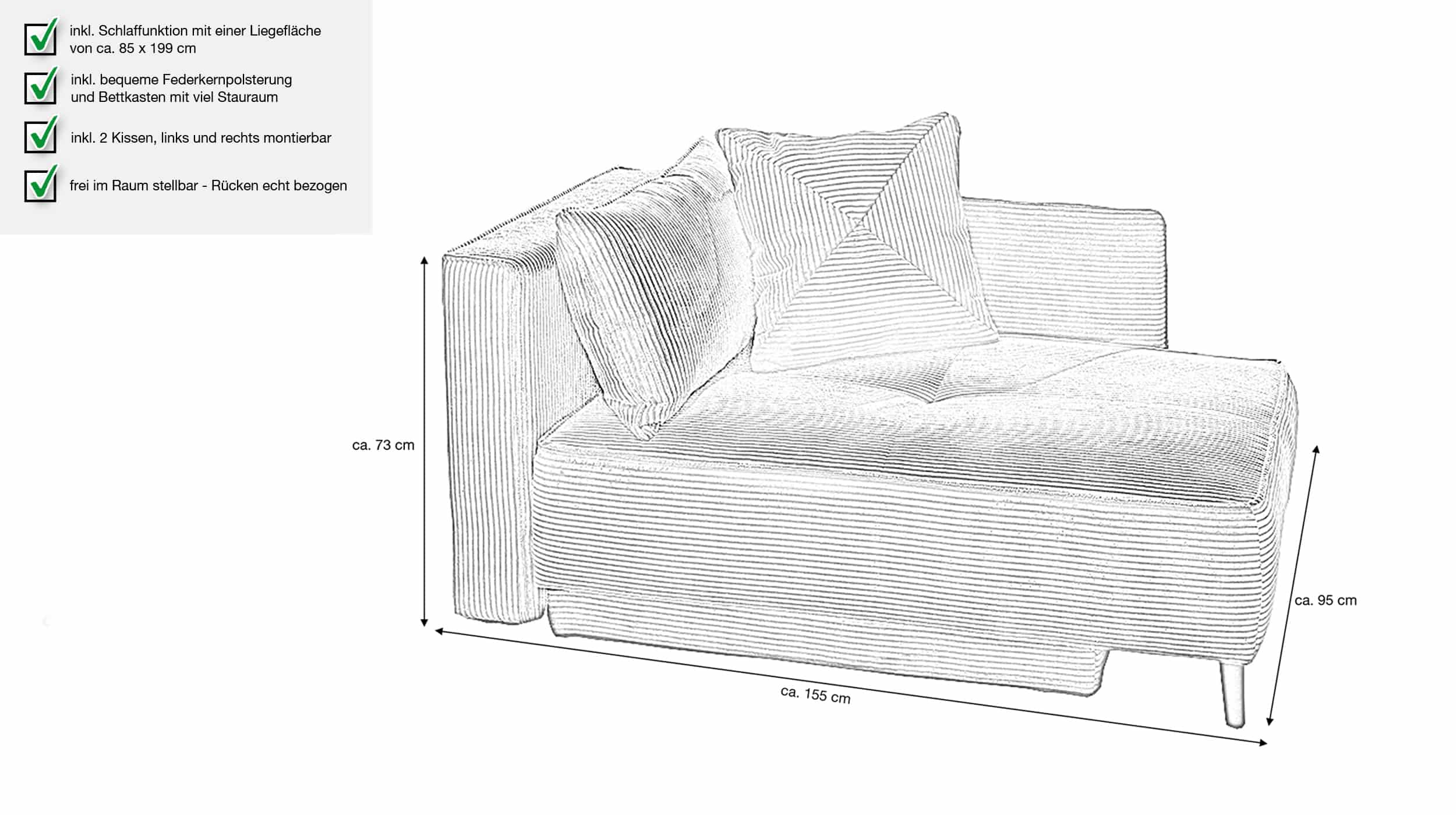 Einzelsofa 155 cm Recamiere grün Schlaffunktion - REX