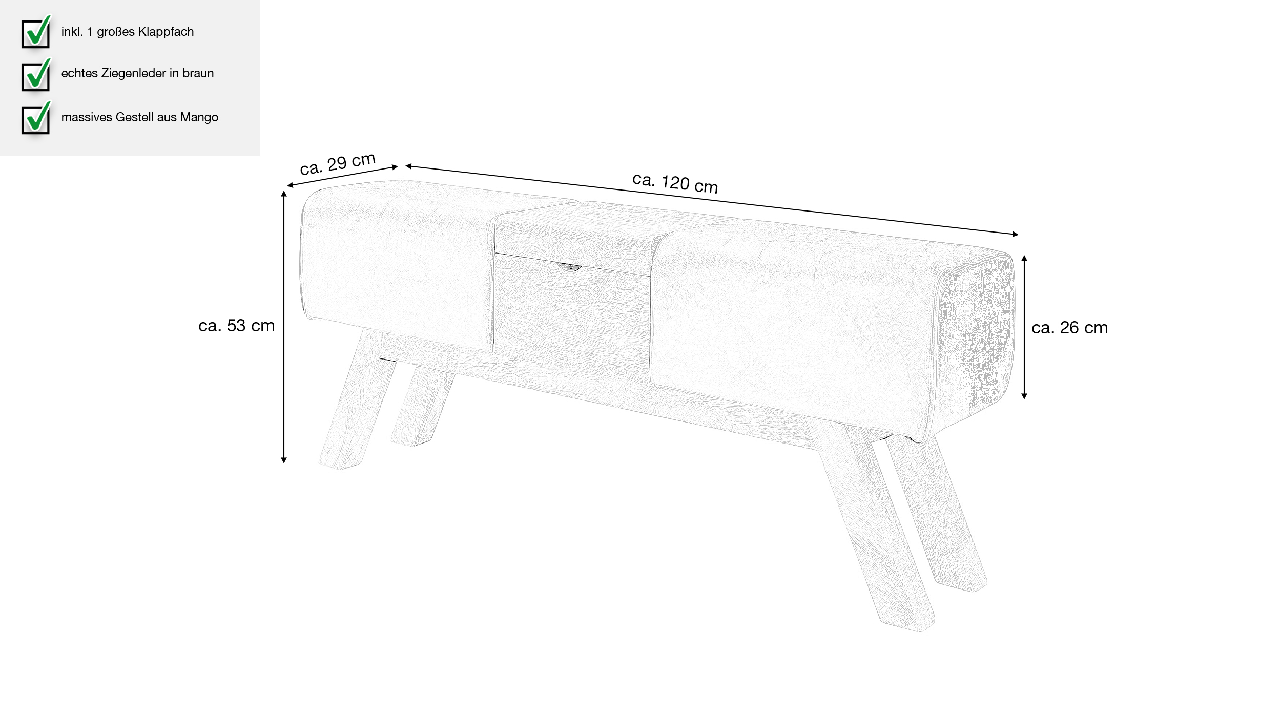 Sitzbank 120 cm echtes Leder braun Mango massiv - RANIS 