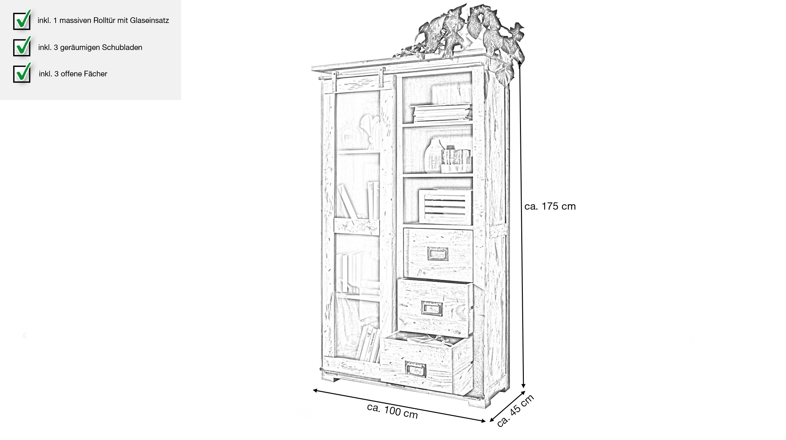 Vitrine Glasrolltür Massivholz Mango 175 cm - EMANUEL