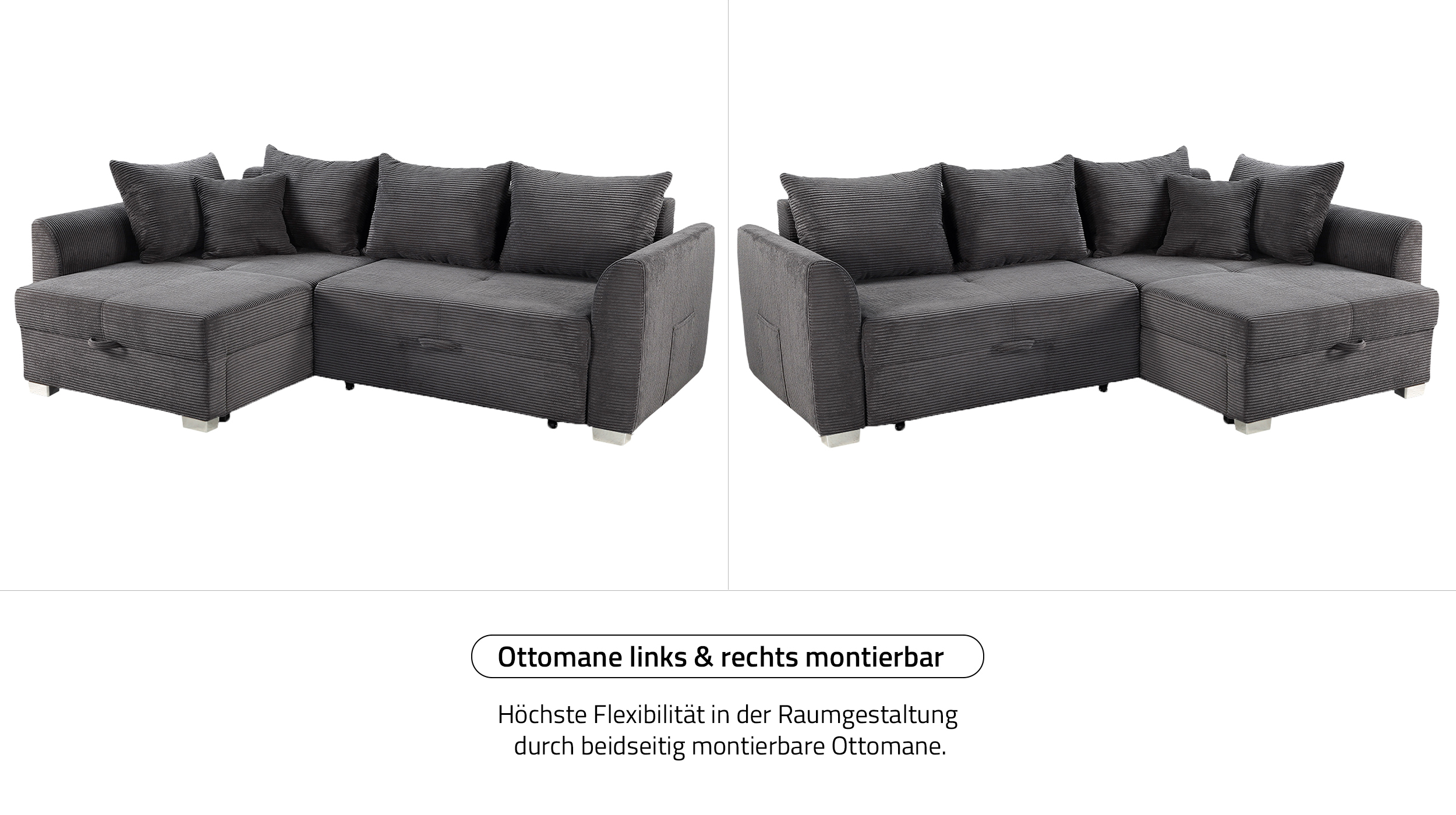 Ecksofa Cord Schlaffunktion Bettkasten grau 236 cm - BOOMER