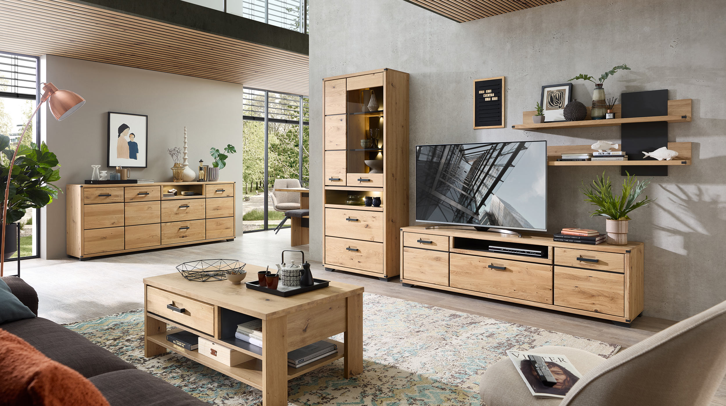 Vitrine mit Beleuchtung Wildeiche teilmassiv Breite 85 cm - CATANIA