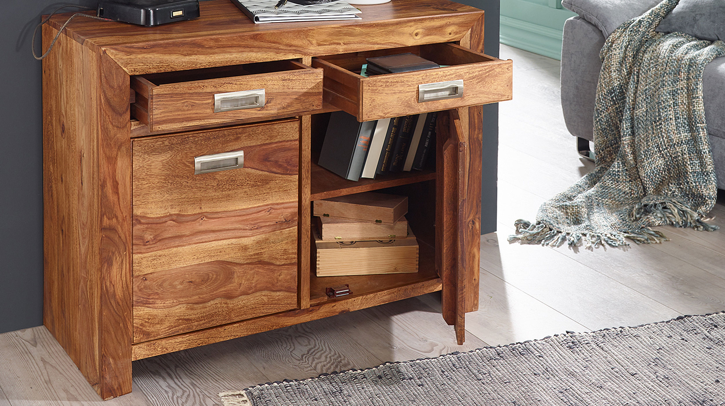 Sideboard mit 2 Schubladen Sheesham massiv 90 cm - MOA