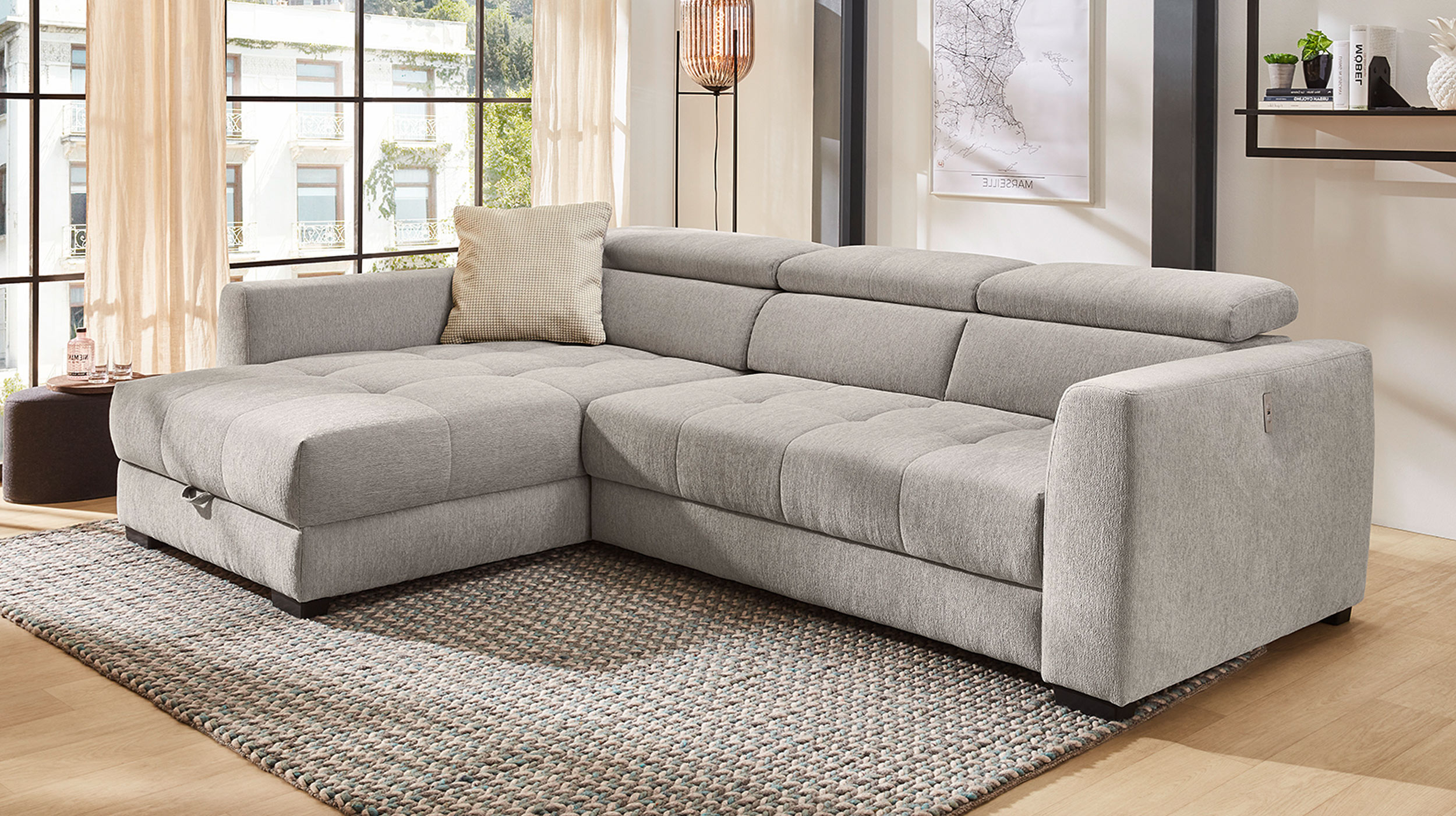 Ecksofa mit Bettkasten elektrisch ausfahrbar grau 300 cm - FIORINA