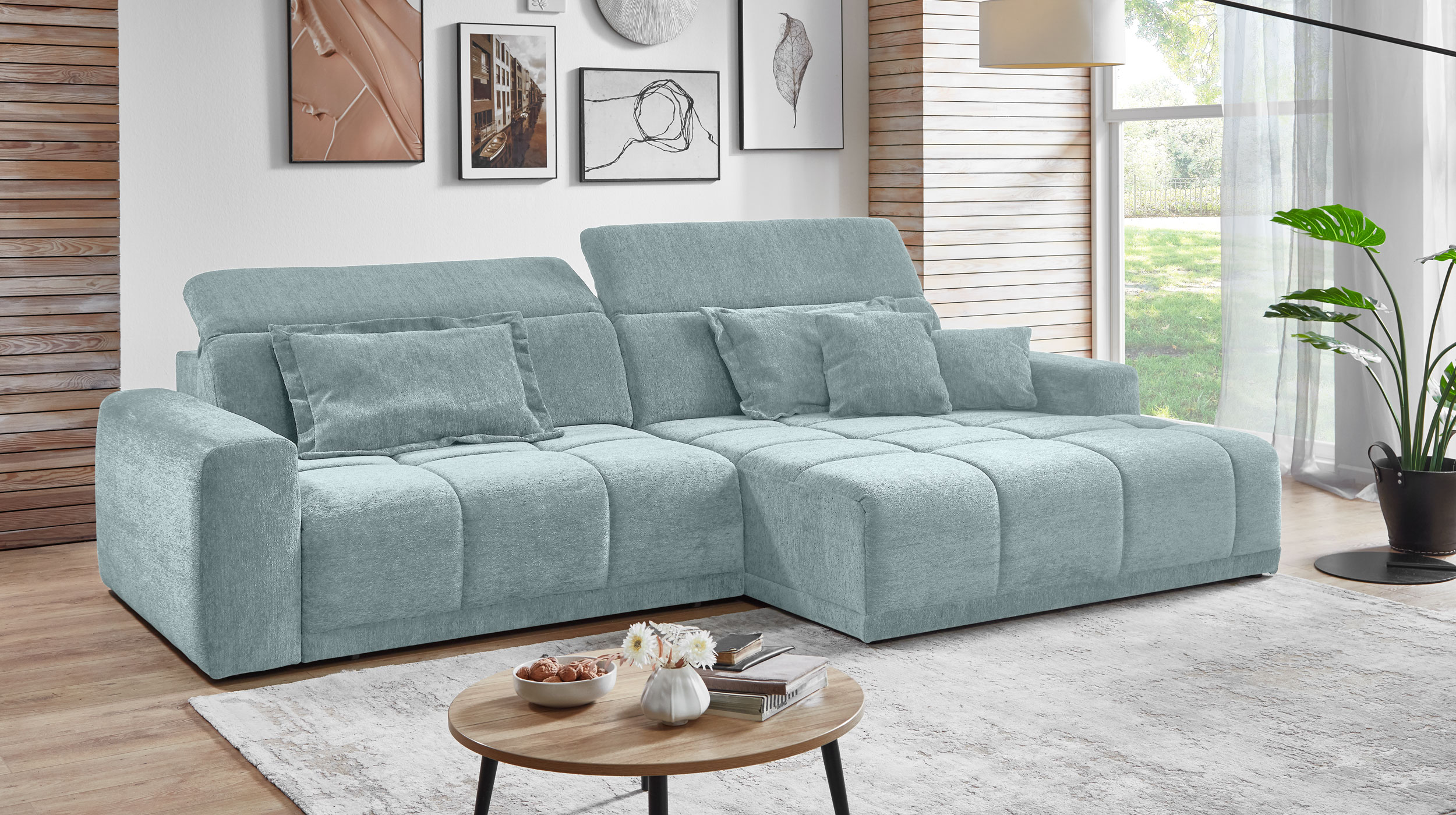 Ecksofa grün - 288 x 176 cm - Sitztiefenverstellung - OT rechts - BROOK