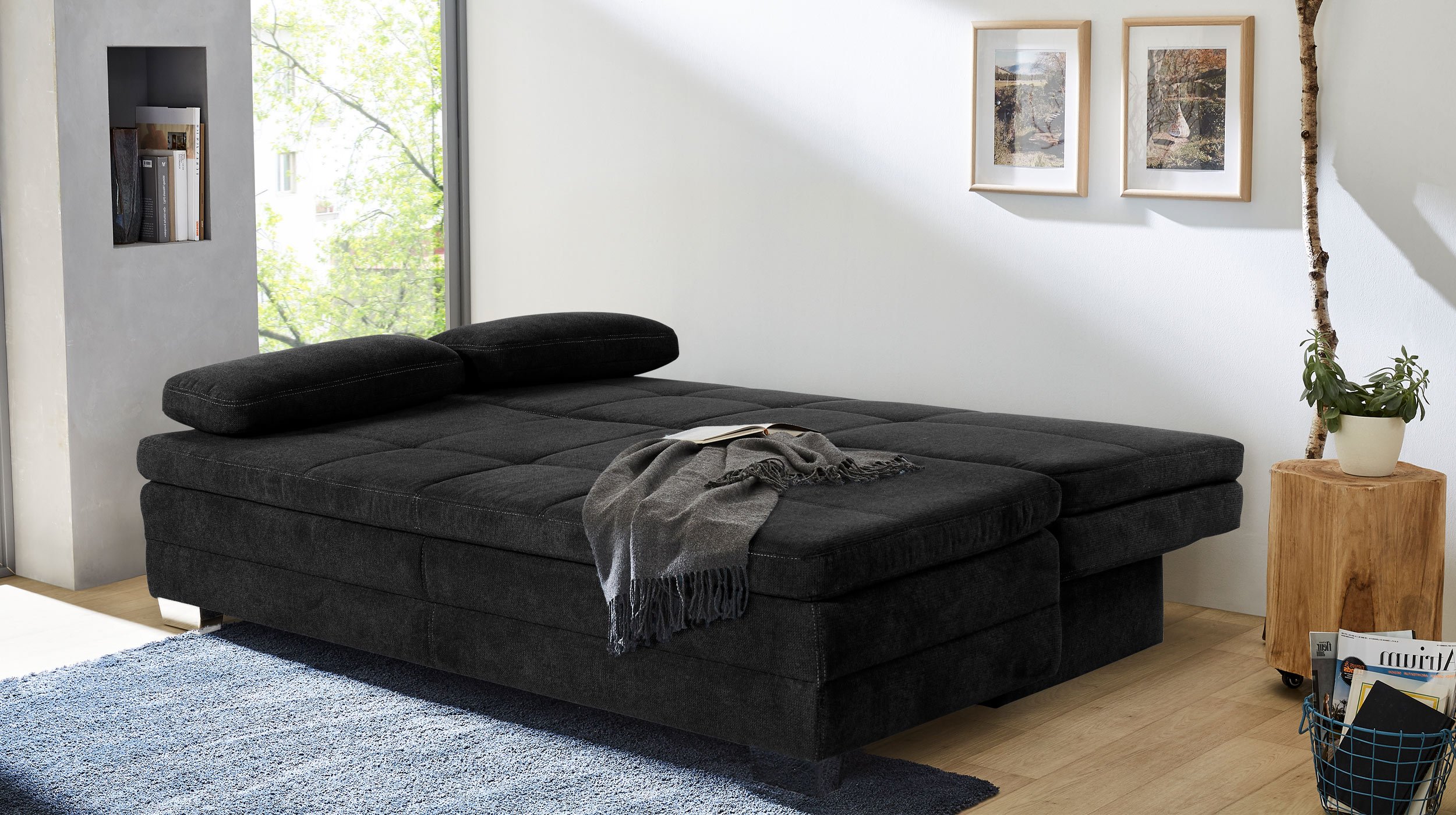 Schlafsofa schwarz inkl. Topper - Bettkasten 203 cm - LINDAU