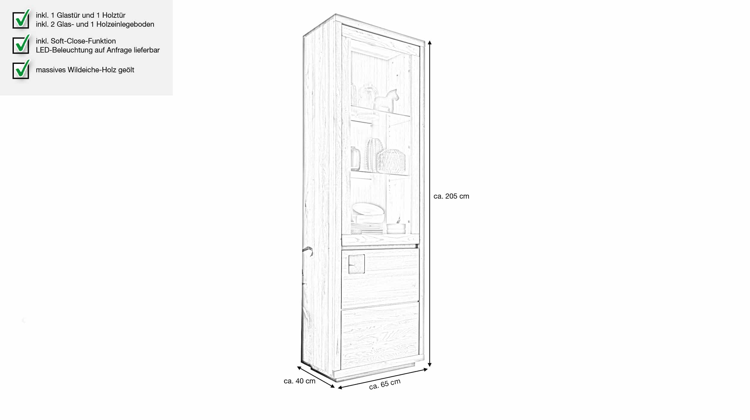 Vitrine mit Glastür Wildeiche massiv geölt 65 cm - GIRONA