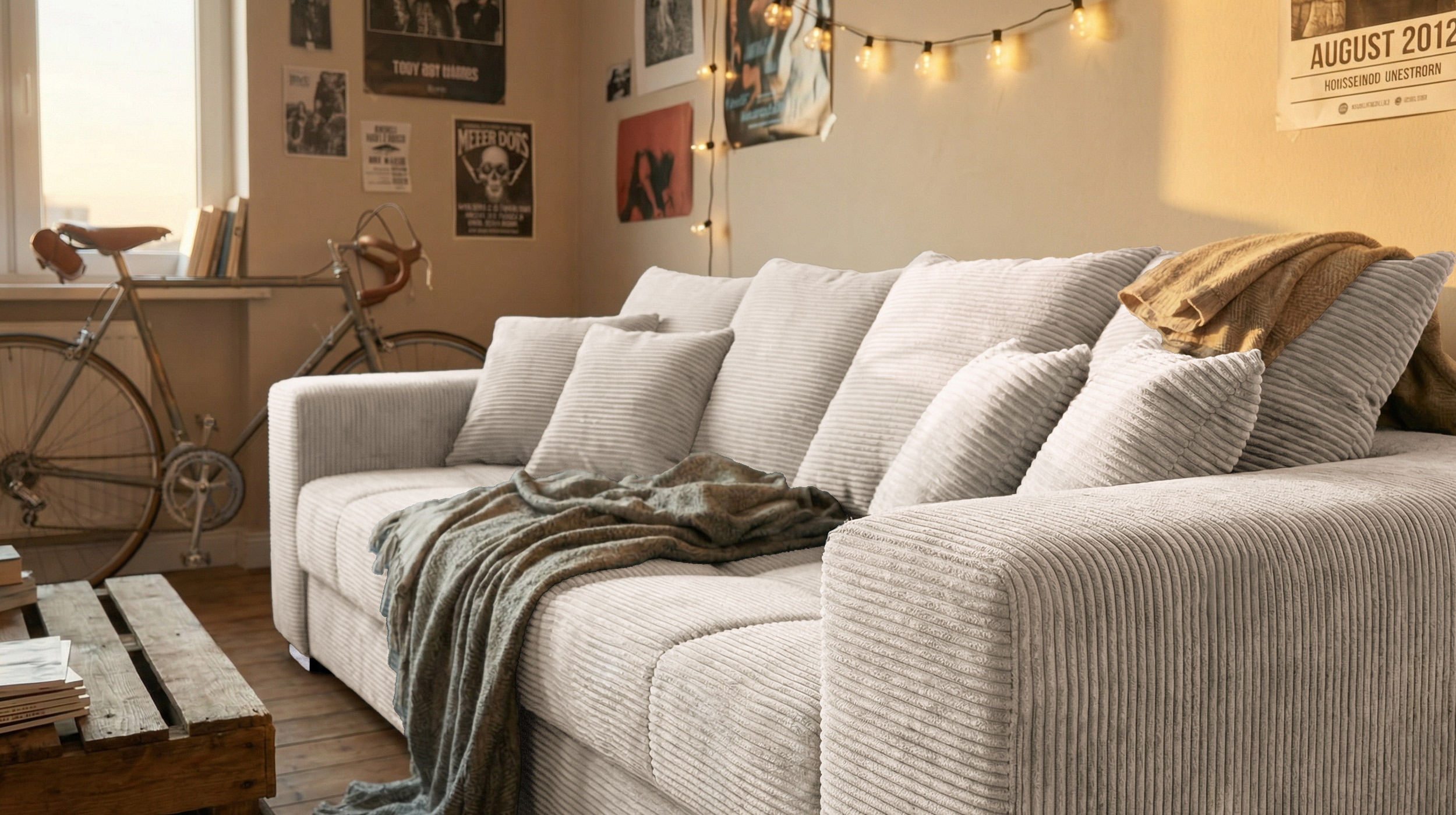 Big Sofa Cord beige - 254 cm - mit Nosagunterfederung - BORNEO