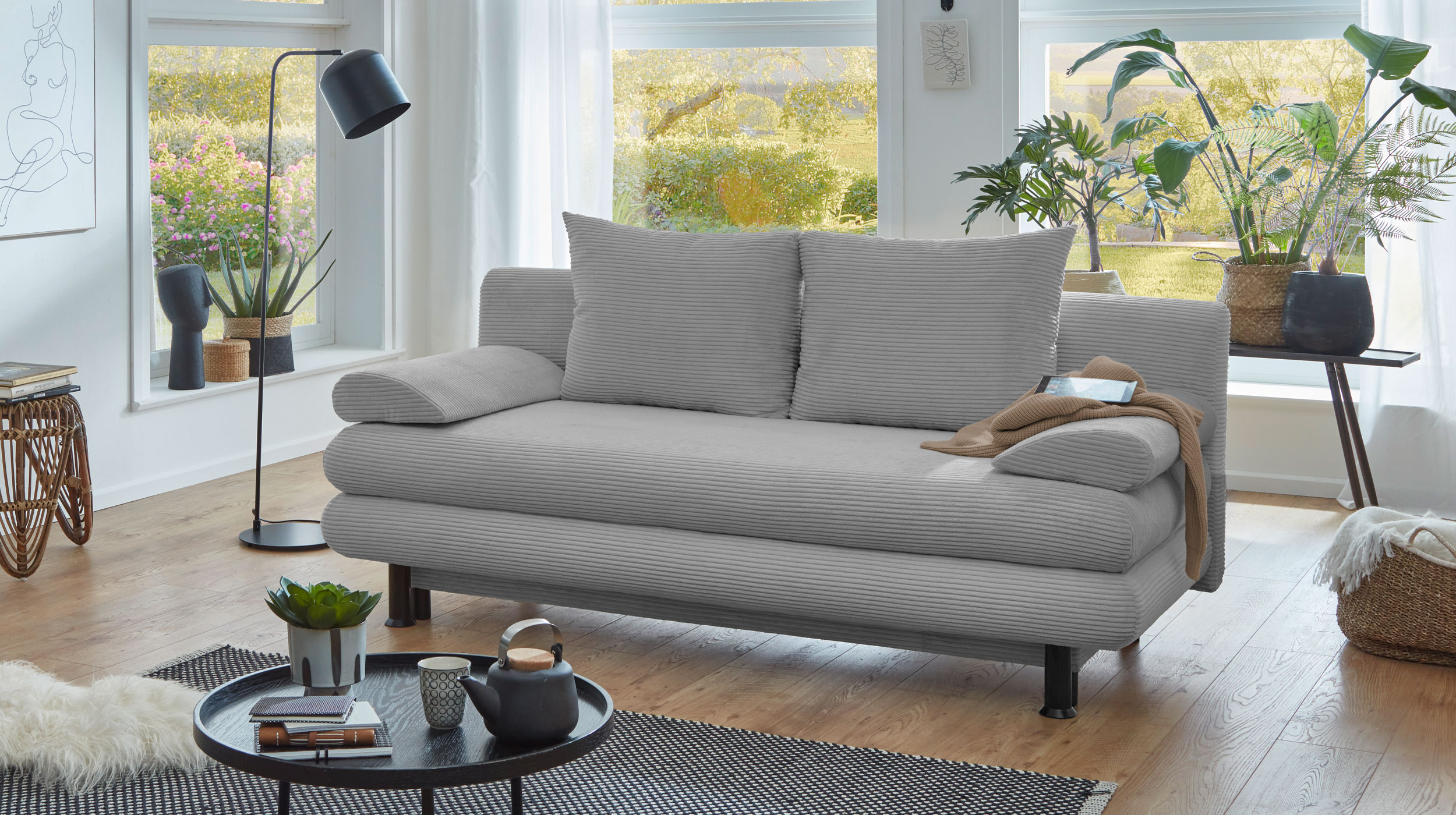 Schlafsofa Cord grau mit Bettkasten Federkern 190 cm - BAREND