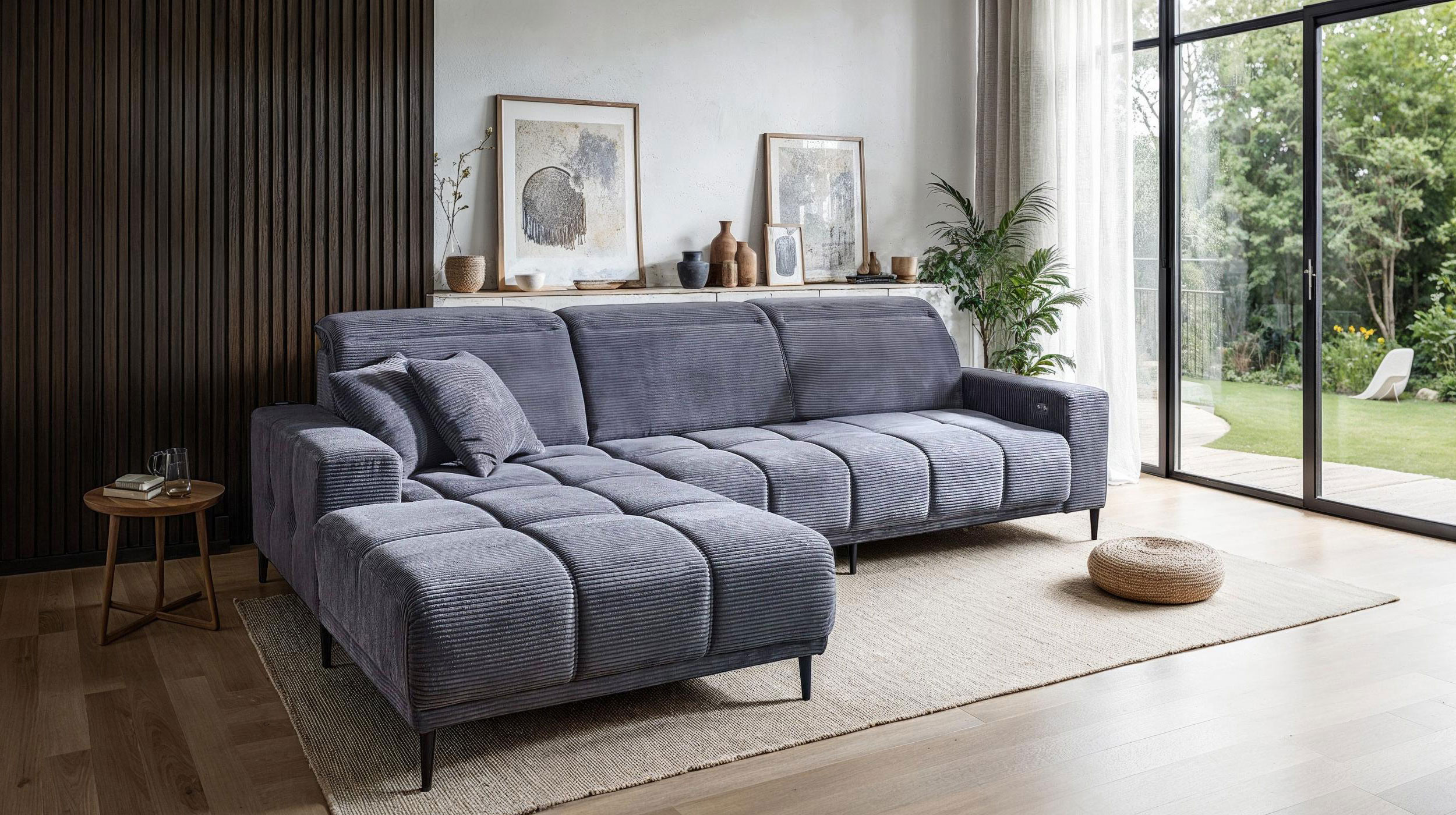 Ecksofa Cord grau ausziehbar - Sitztiefenverstellung 286 cm - OT links - MARISOL