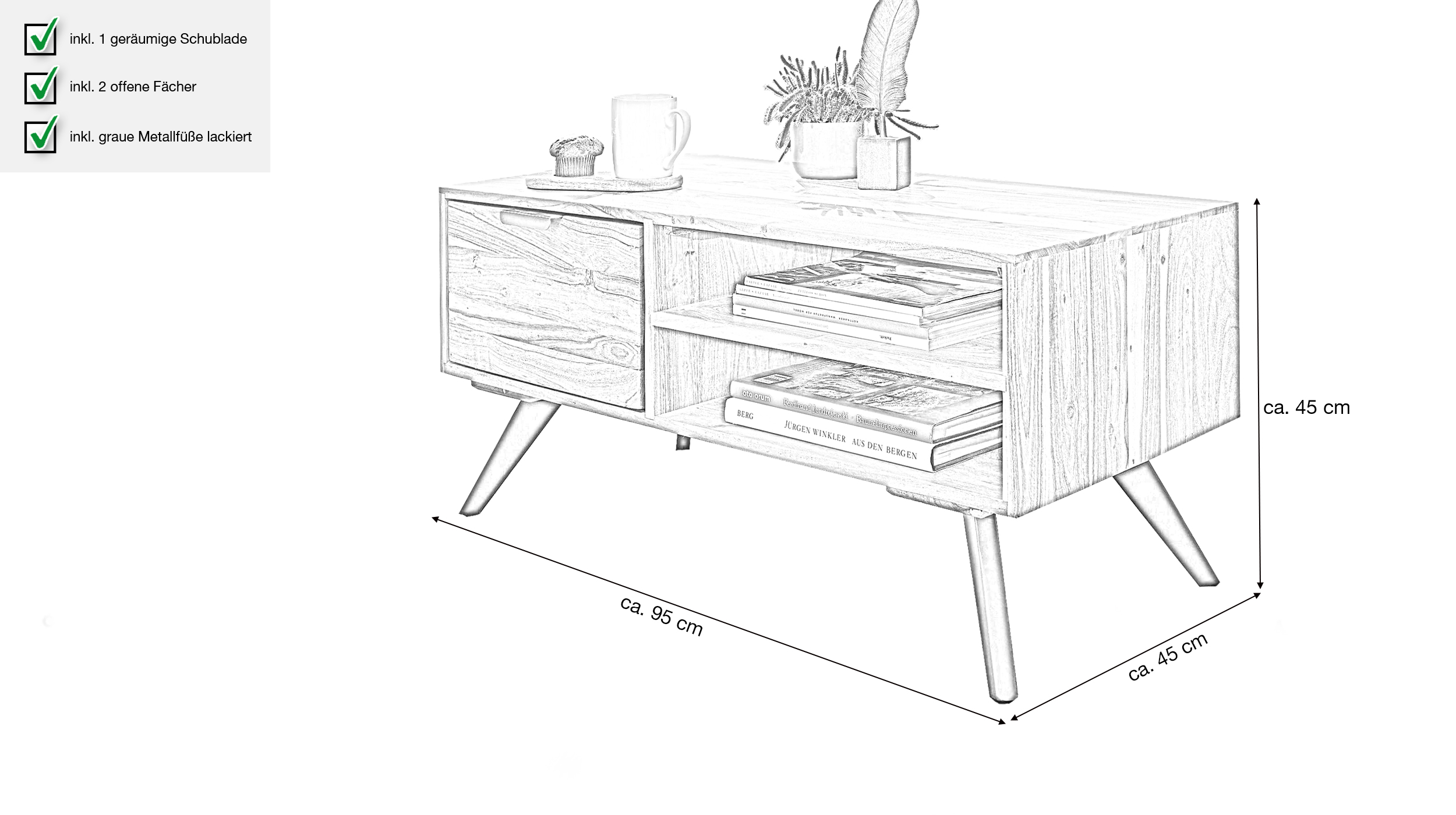 Couchtisch mit Schublade Akazie massiv lackiert 95 x 45 cm - CAYA 