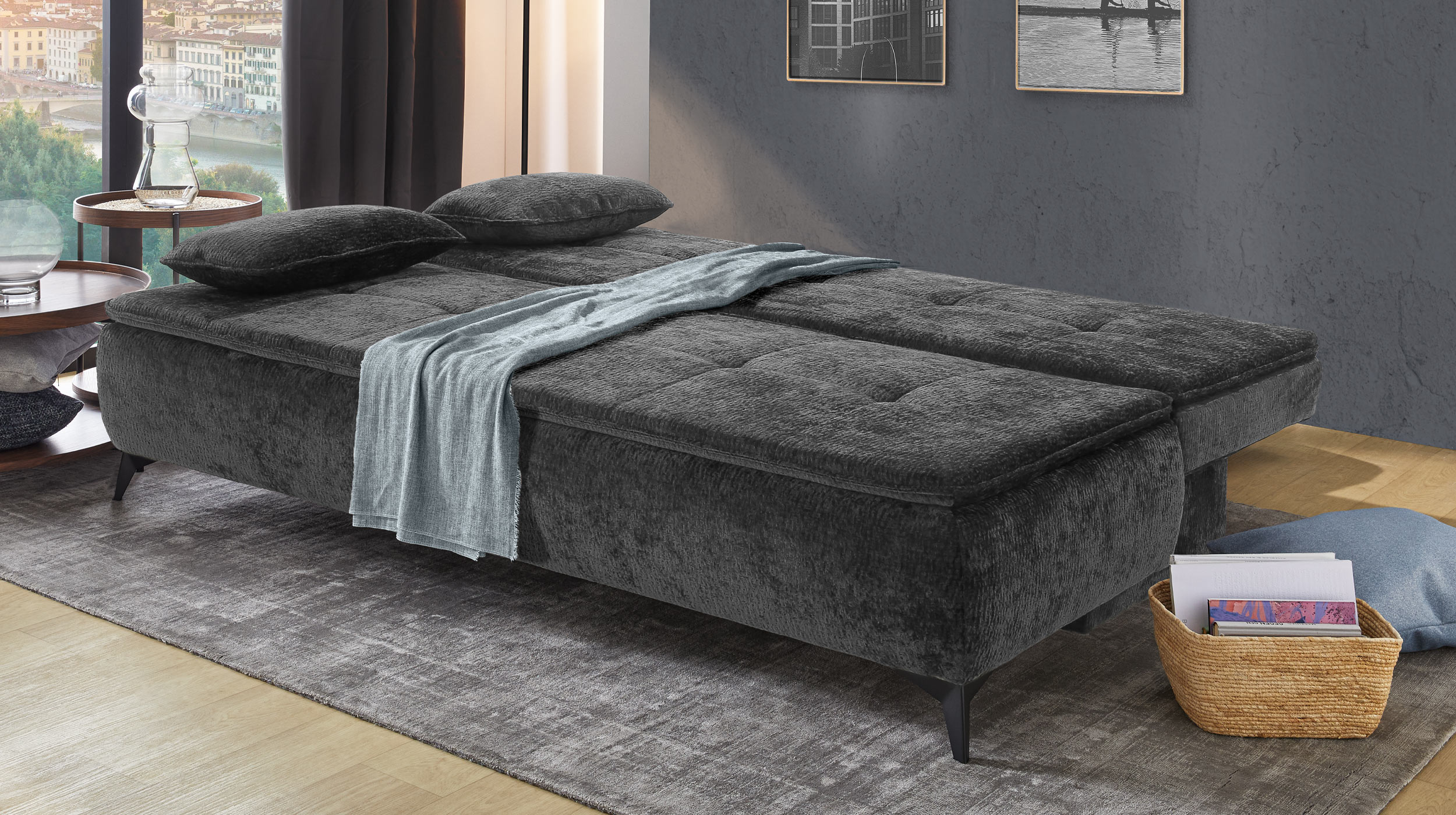 Schlafsofa grau mit Bettkasten 204 cm - Dauerschläfer - LIVENTO 