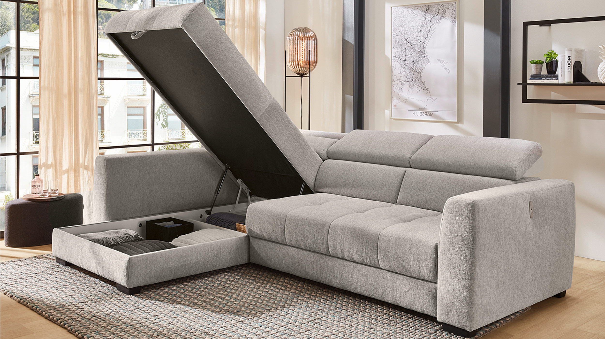 Ecksofa mit Bettkasten elektrisch ausfahrbar grau 300 cm - FIORINA