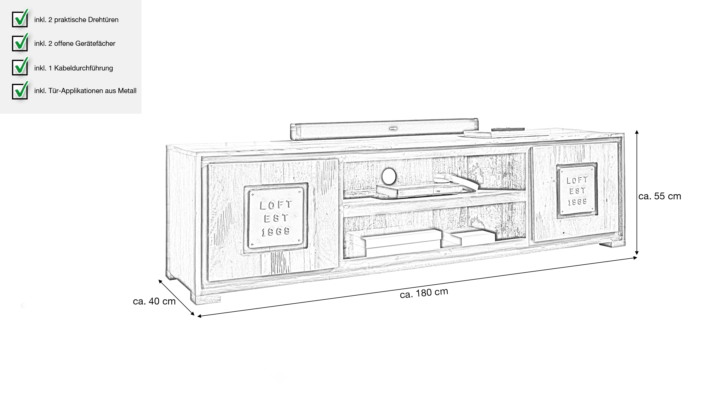 TV - Lowboard Akazie Altholz massiv montiert - 180 cm - NARVIK