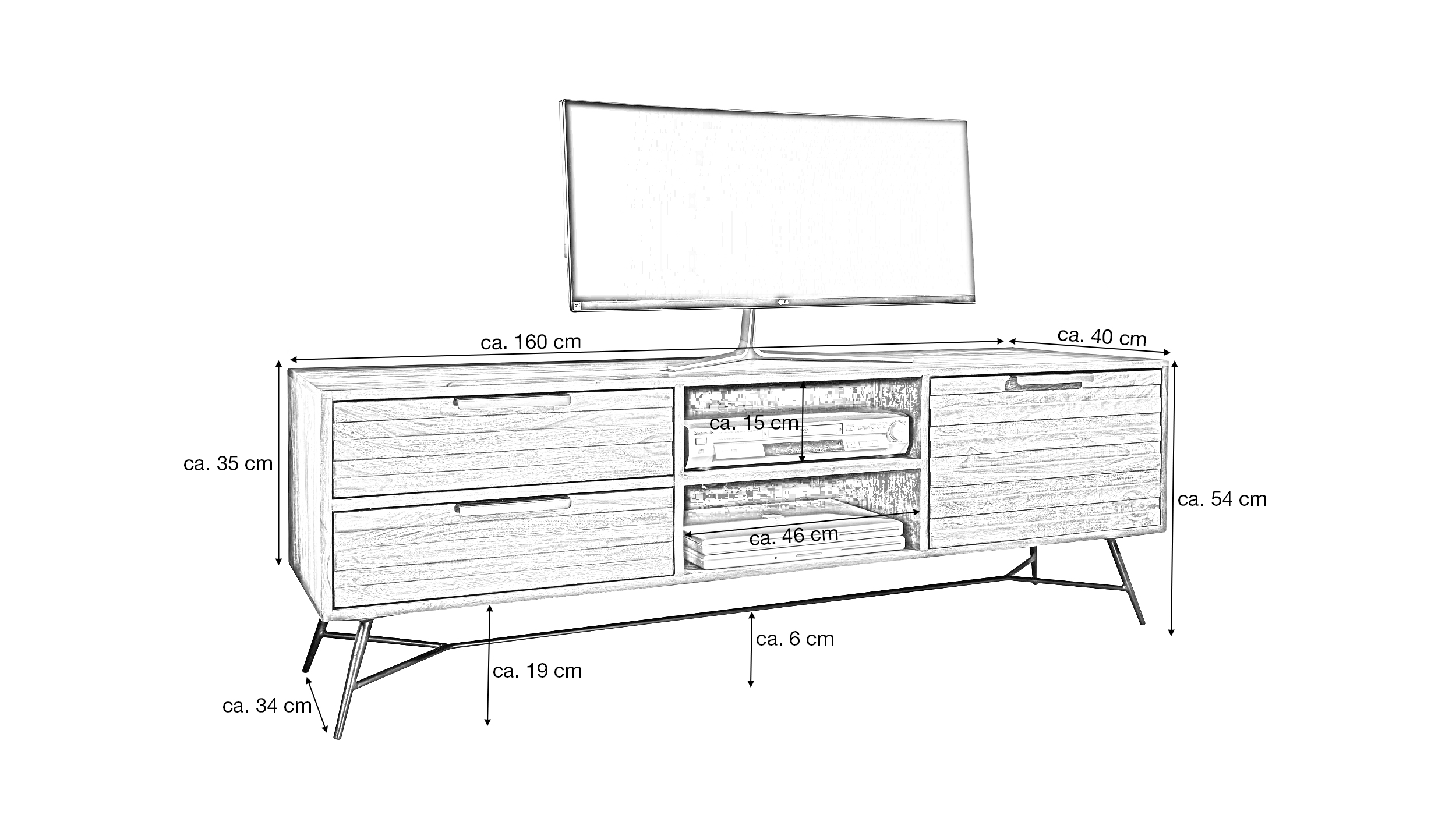 TV-Lowboard Sheeshamholz massiv gebeizt 160 cm - ASKJA 