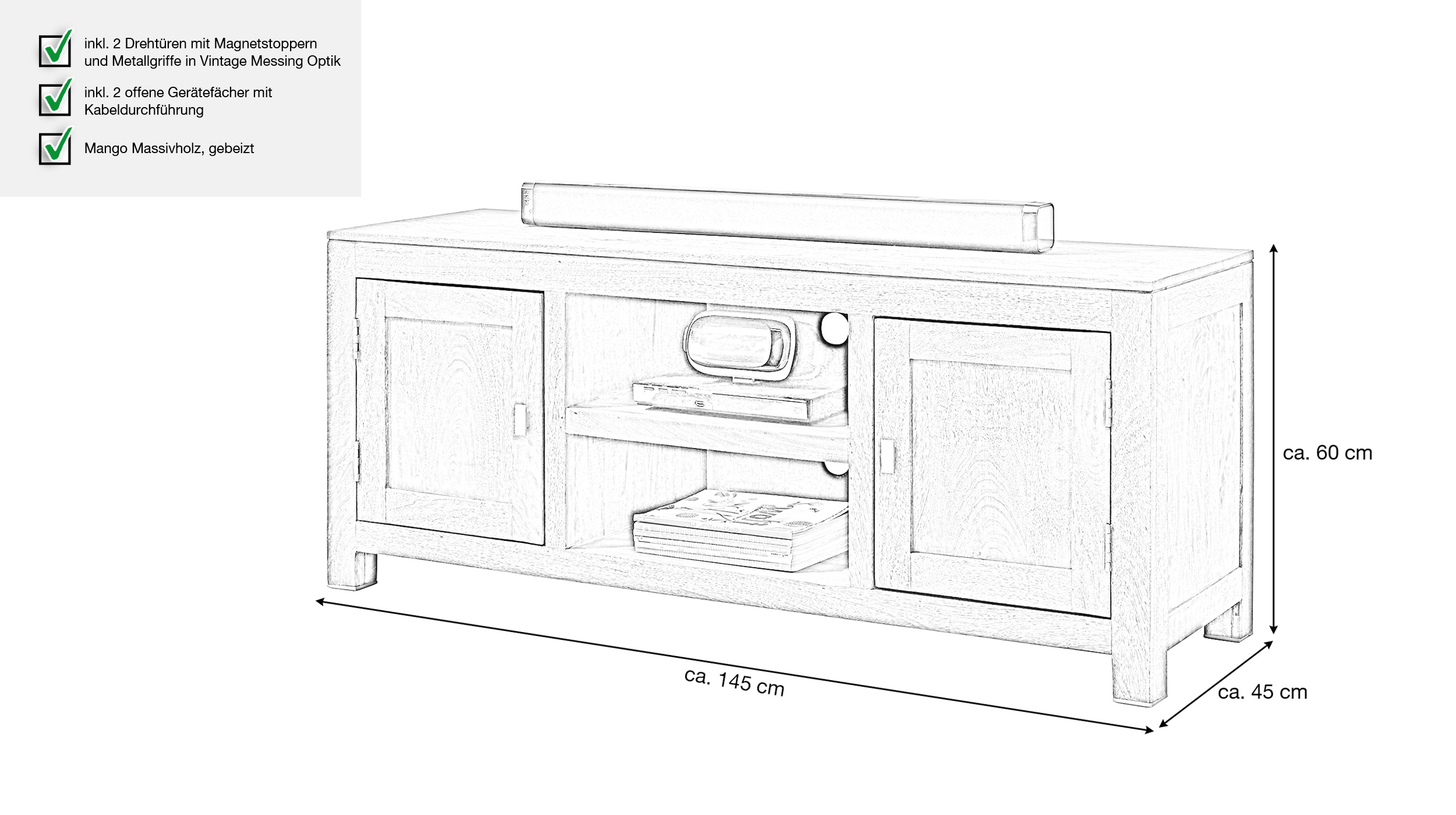 TV-Lowboard Mango massiv gebeizt montiert 145 cm - MANGALA