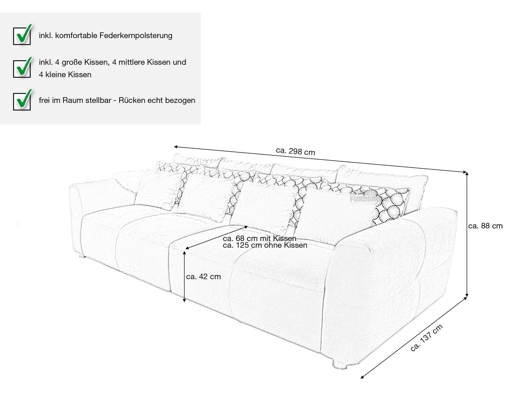 Big Sofa mit Federkern grau 298 cm - GULLIVER
