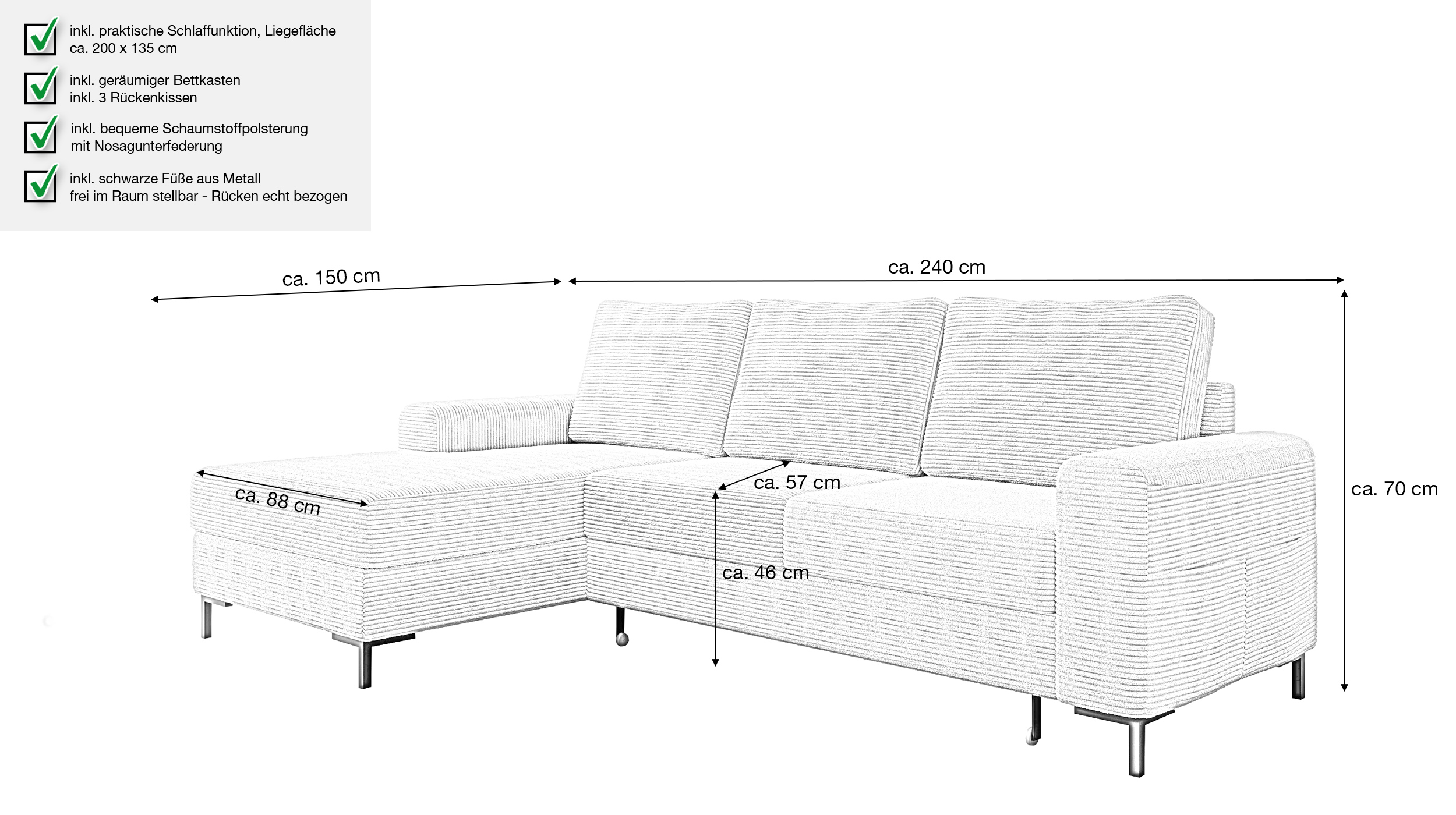 Ecksofa Cord creme mit Schlaffunktion 240 x 150 cm Bettkasten - LORENO