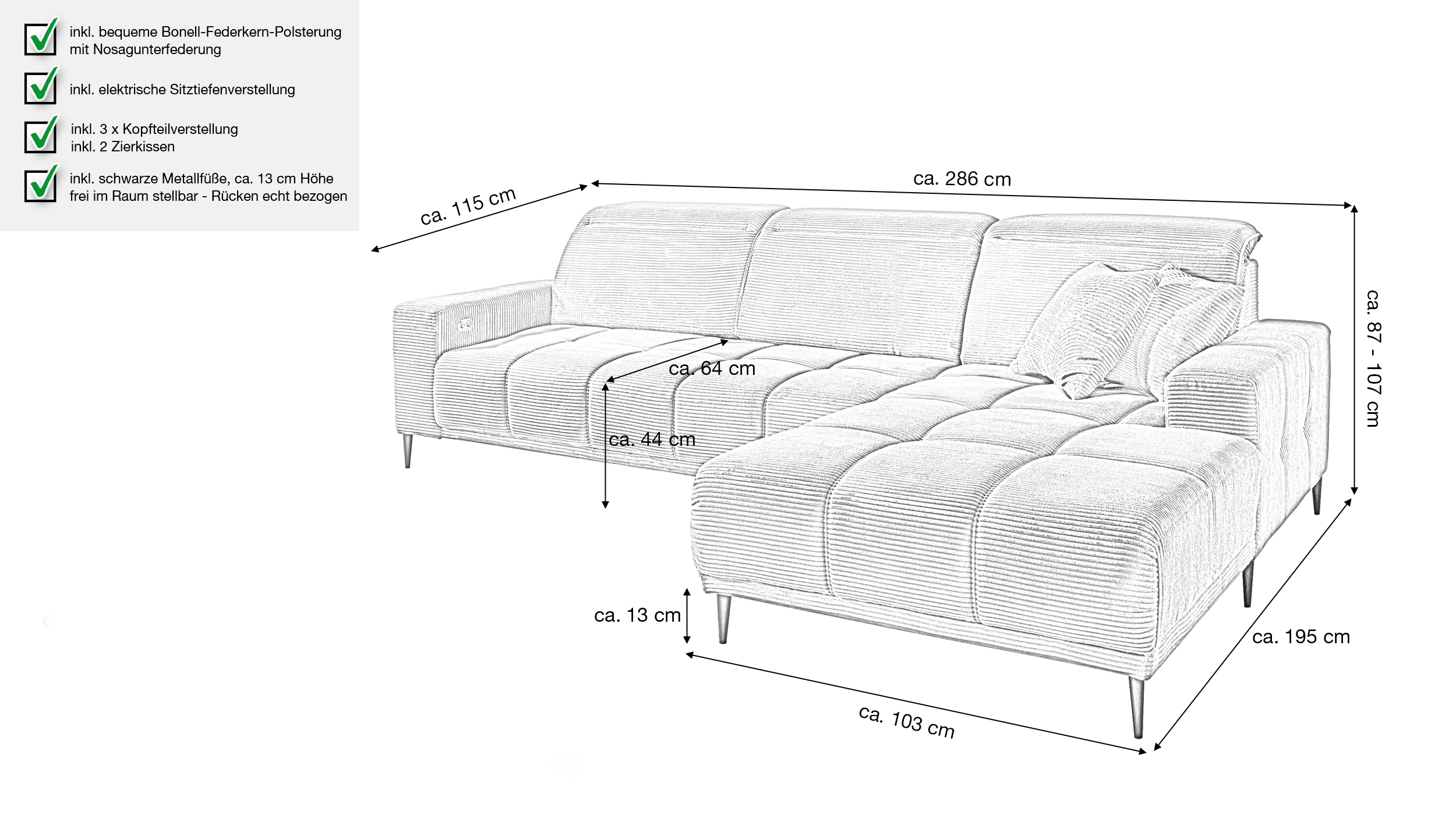 Ecksofa Cord grau ausziehbar - Sitztiefenverstellung 286 cm - OT rechts - MARISOL