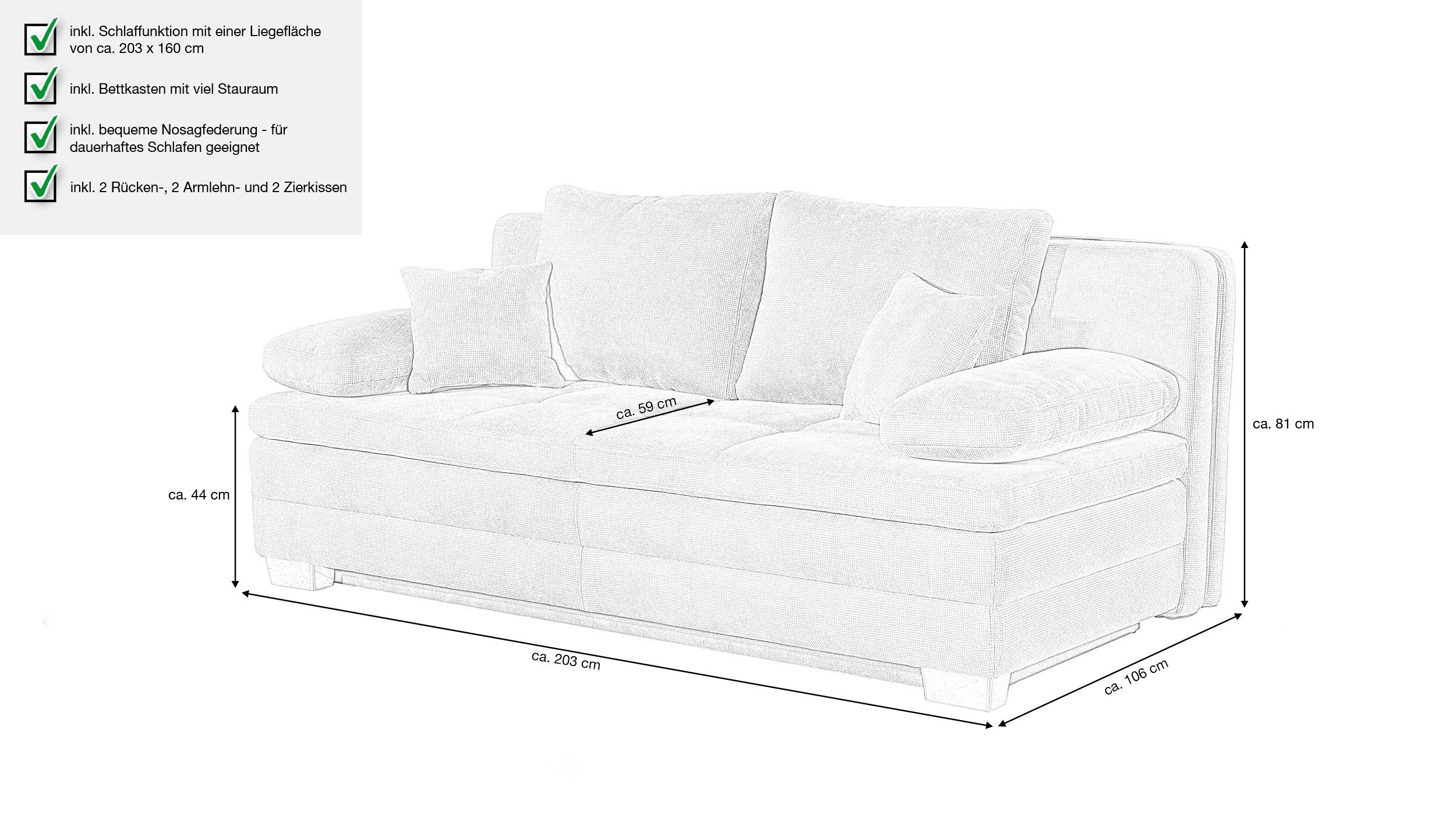 Schlafsofa dunkelblau inkl. Topper - Bettkasten 203 cm - LINDAU