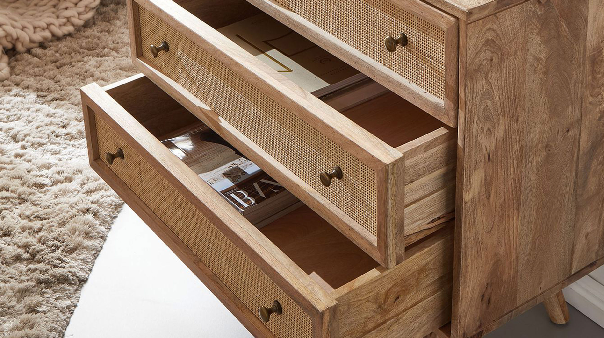 Kommode mit 3 Schubladen Mango massiv - Rattan 80 x 40 cm - RIKARD