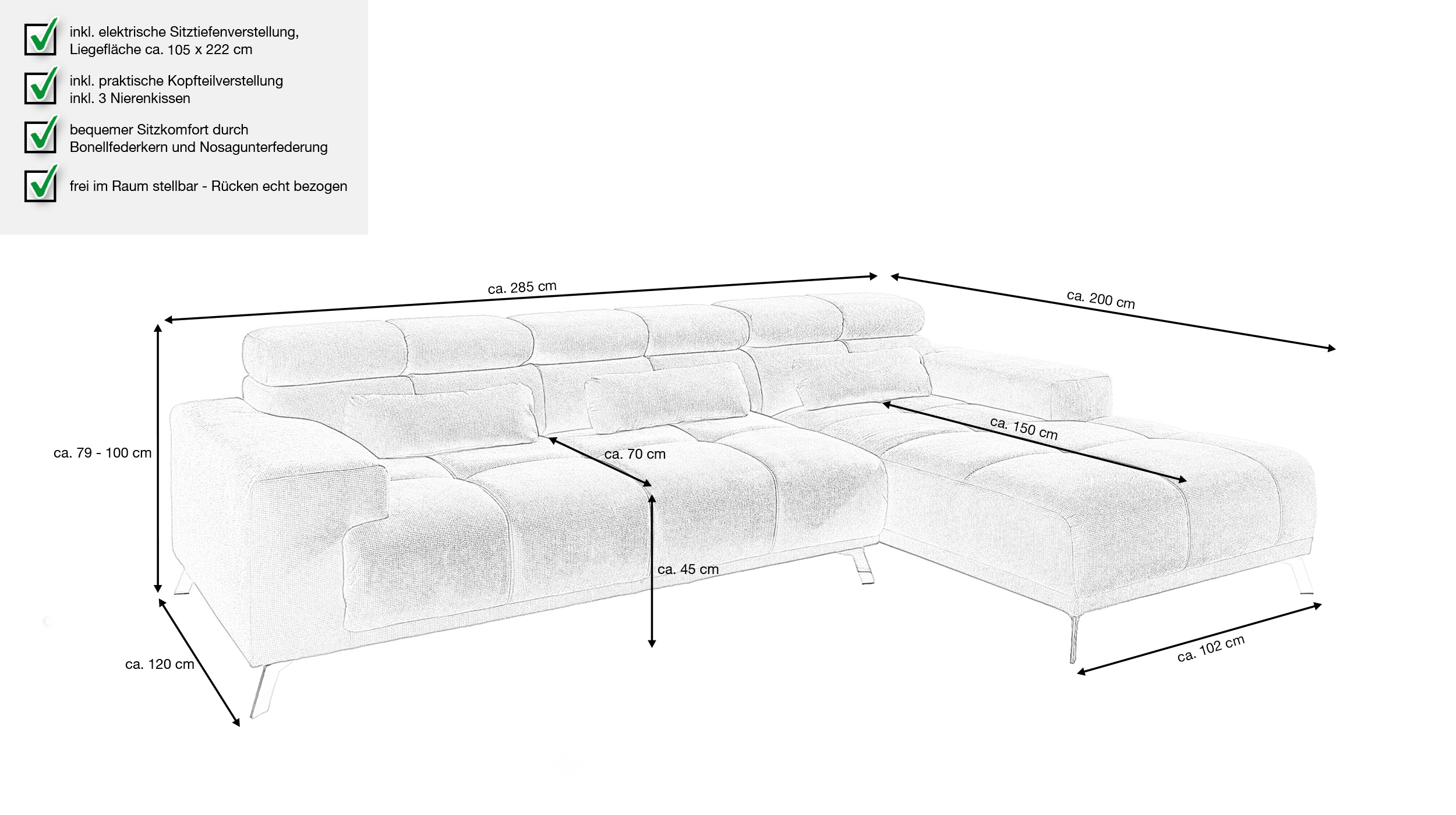 Ecksofa grau ausziehbar - Sitztiefenverstellung 285 cm - SPEED