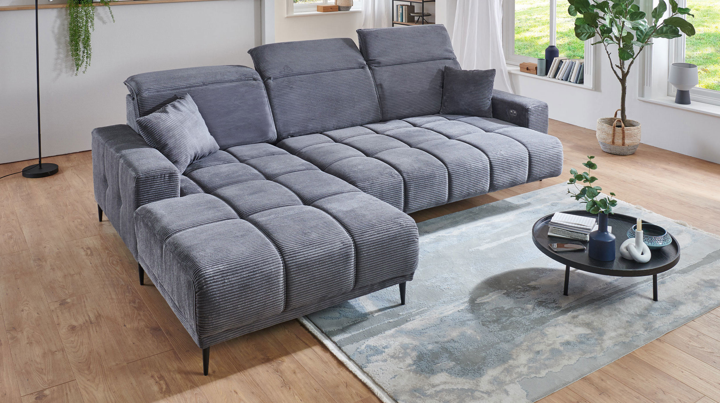 Ecksofa Cord grau ausziehbar - Sitztiefenverstellung 286 cm - OT links - MARISOL