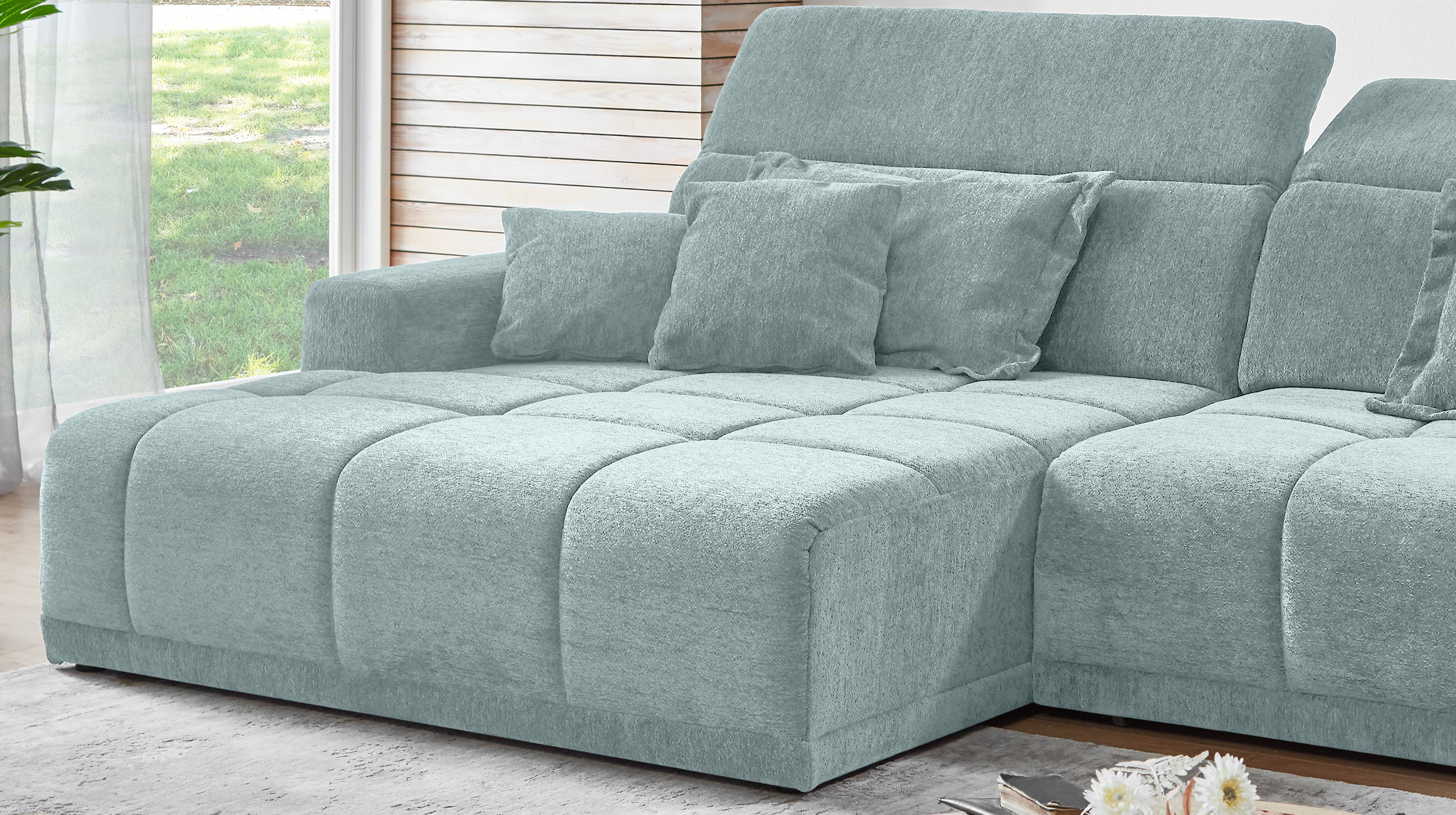 Ecksofa grün elektrisch ausfahrbar 288 cm - OT links - BROOK